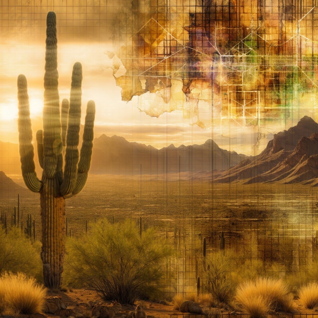 Desert Landscape at Sunset with Cactus and Mountains