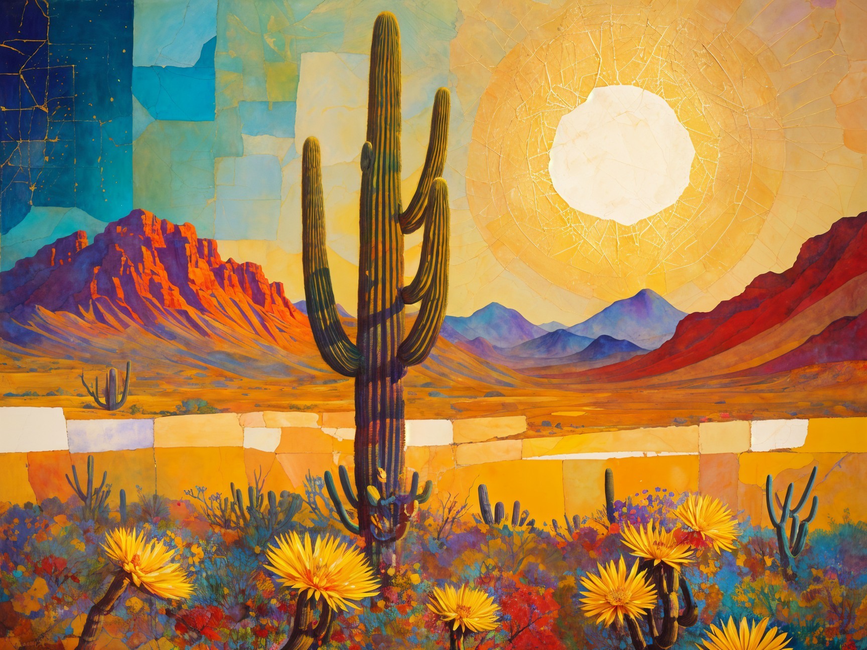 Vibrant Desert Landscape with Sunset and Cactus