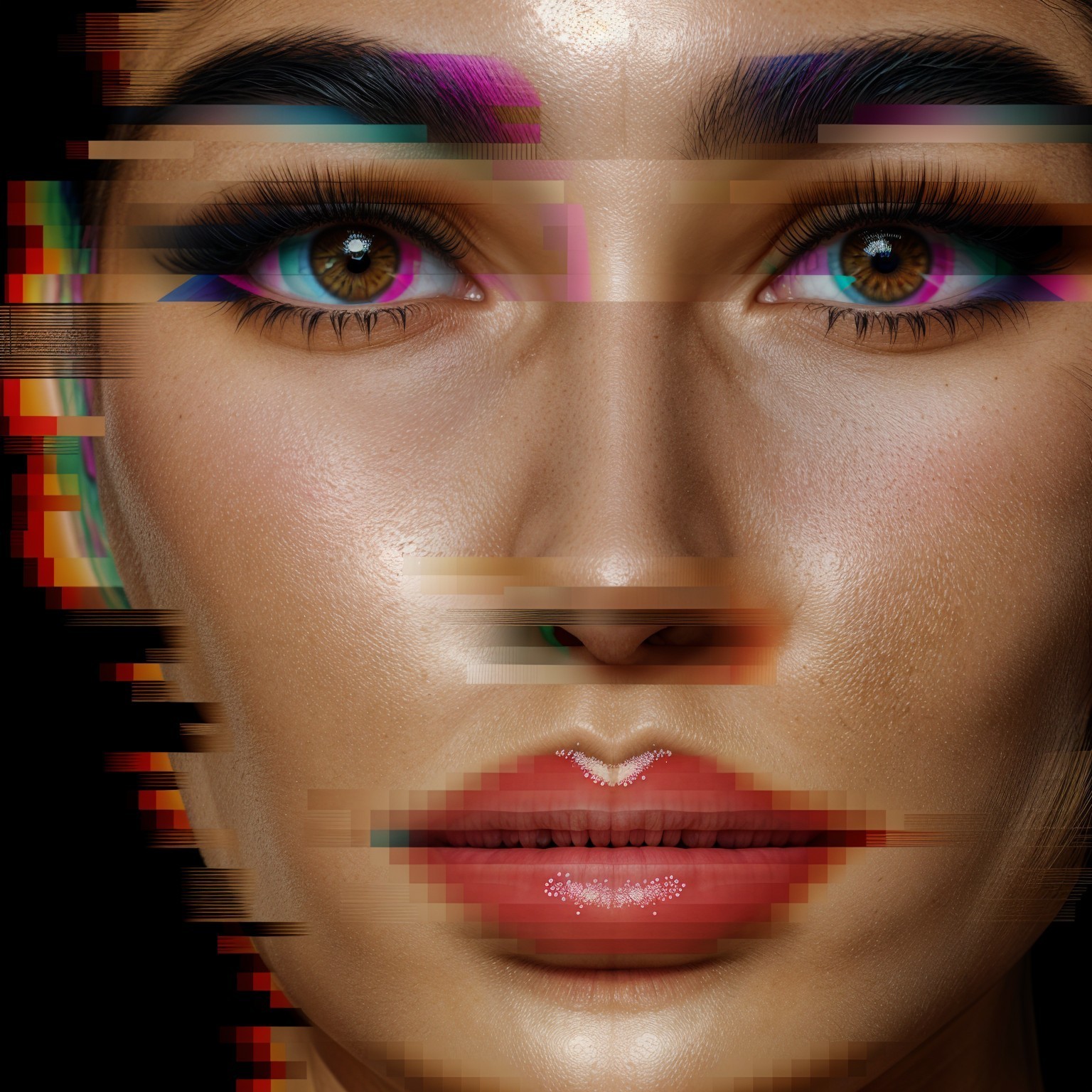 Vibrant Portrait with Bold Makeup and Glitch Effect