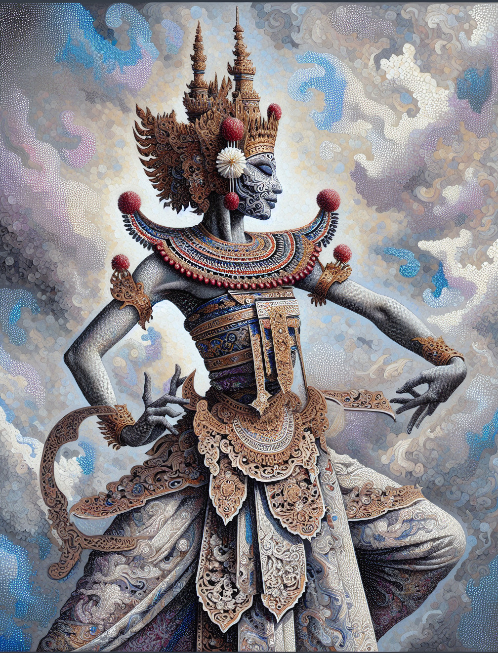 Majestic figure in intricate traditional attire with clouds