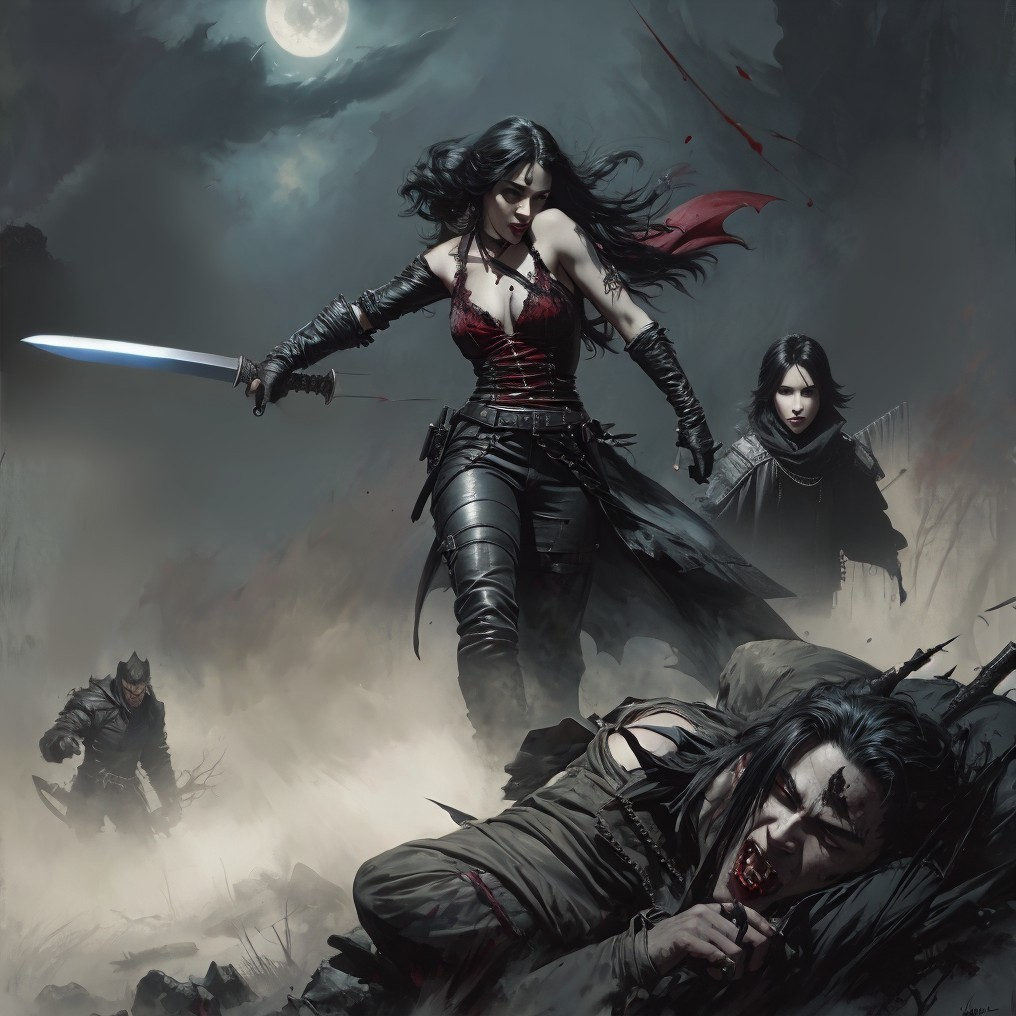 Fierce Female Warrior in Dark Moonlit Setting