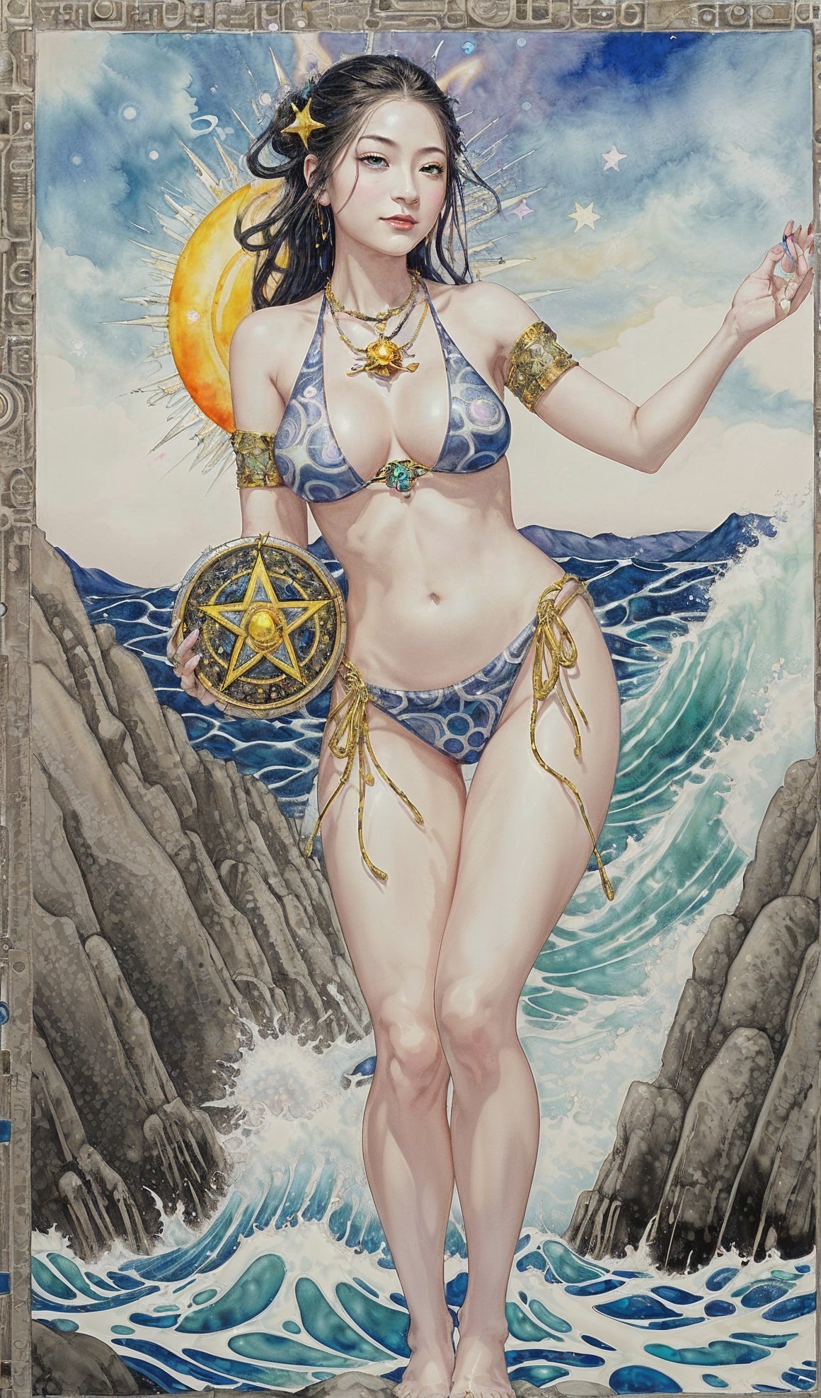 Mystical Figure by Ocean in Sparkling Bikini and Shield