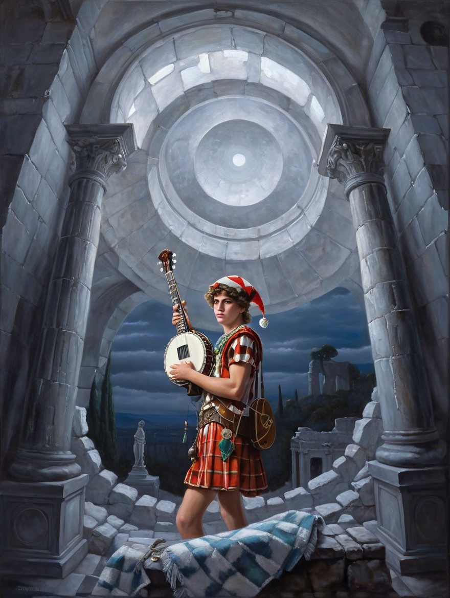 Young Boy in Kilt with Banjo Among Stone Ruins