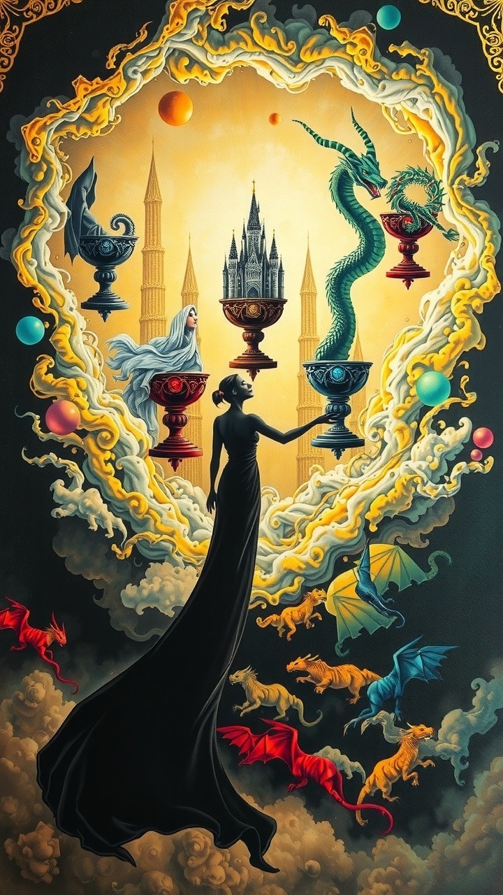 Mystical scene with figure, chalices, and dragons