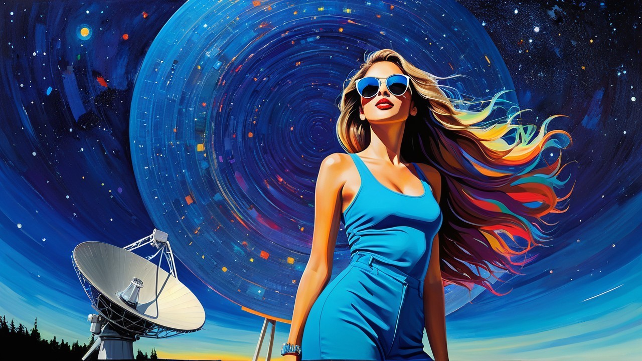 Woman in Blue Outfit Against Cosmic Galaxy Background