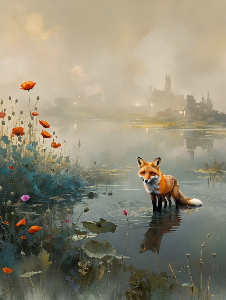 Fox in Calm Waters Amidst Wildflowers and Castle View