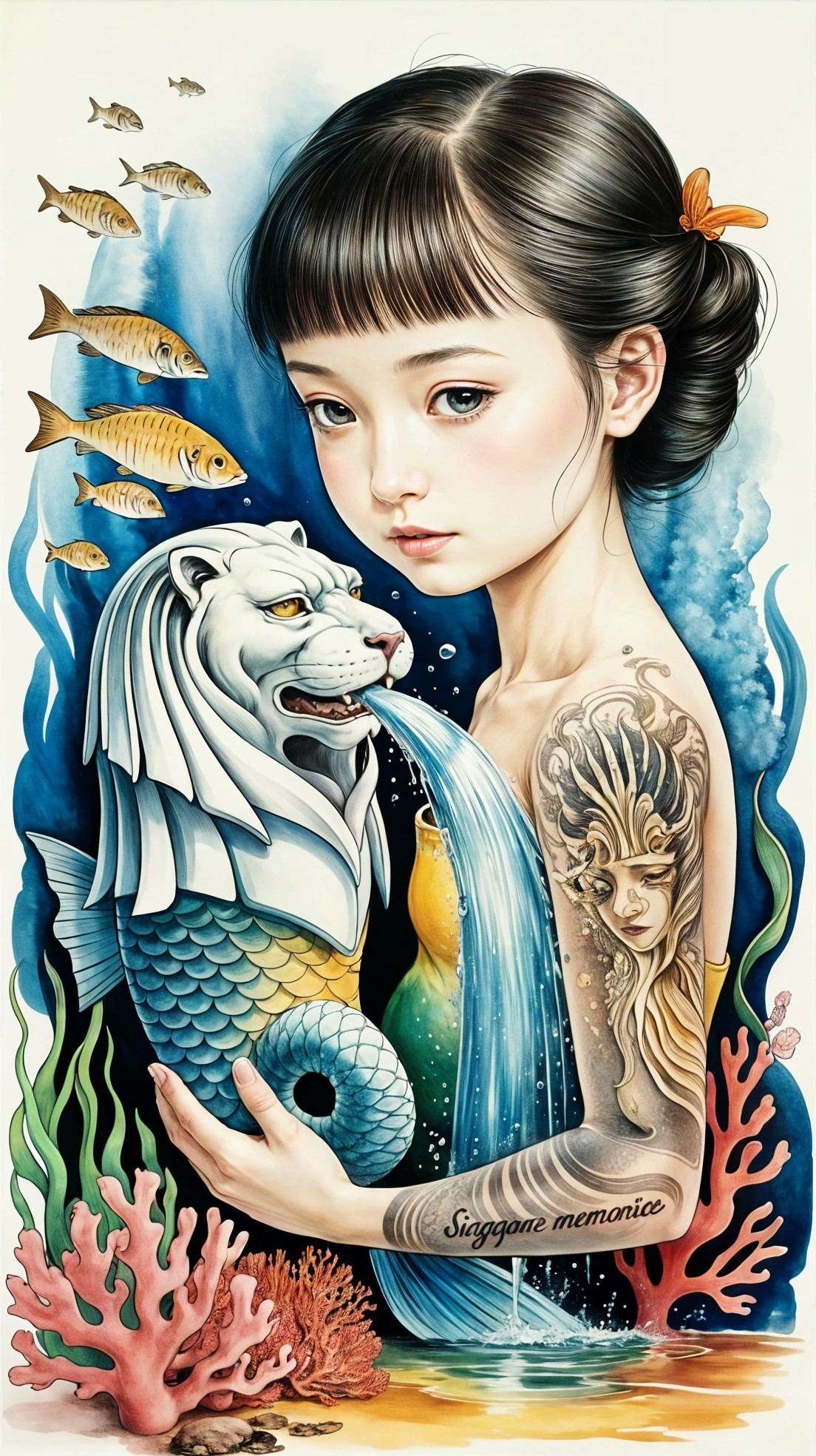 Young girl with lion-headed fish in vibrant underwater scene