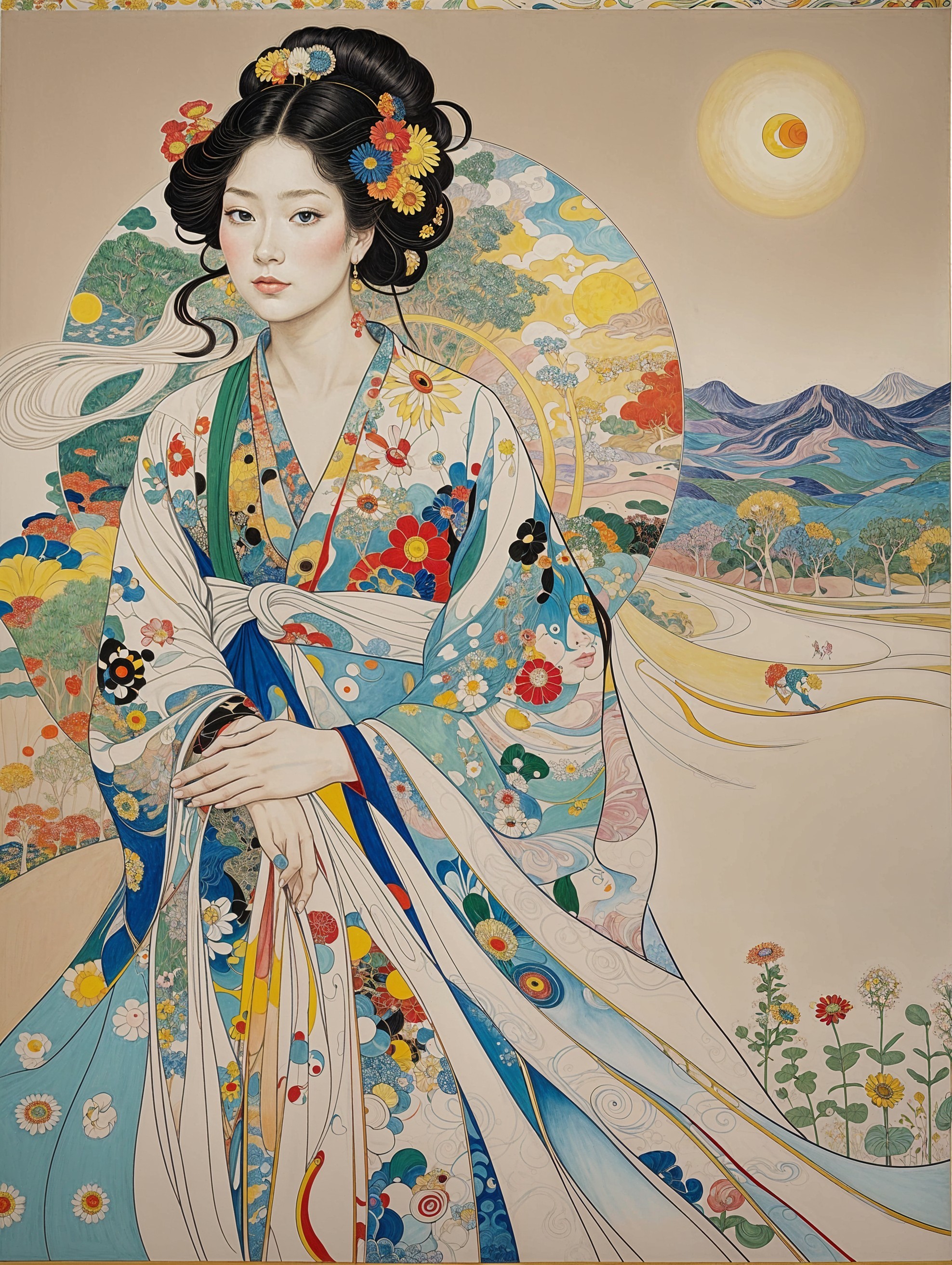 Serene Woman in Colorful Kimono Against Vibrant Landscape