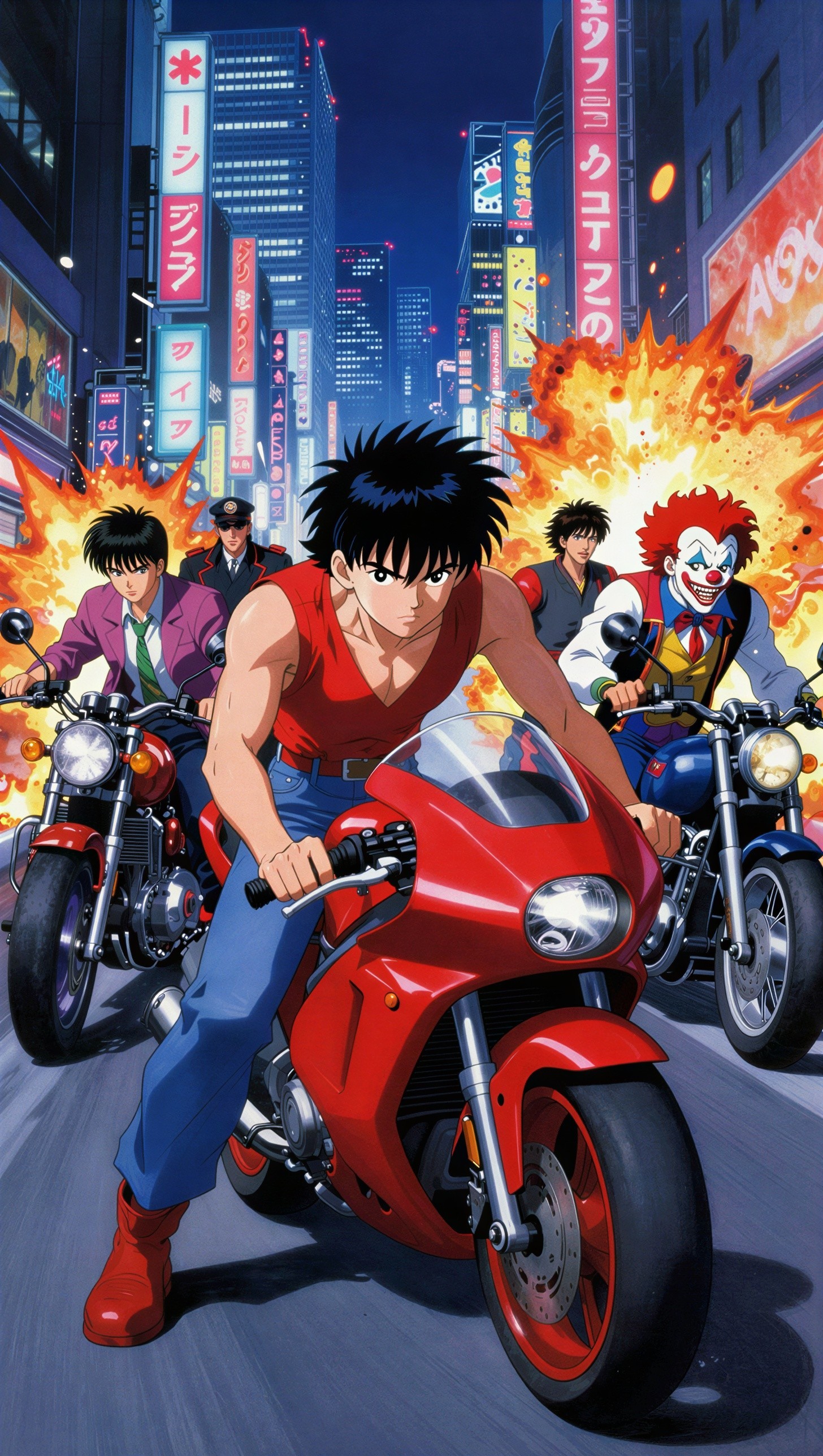 Anime Illustration of Motorcyclists and Police Officer