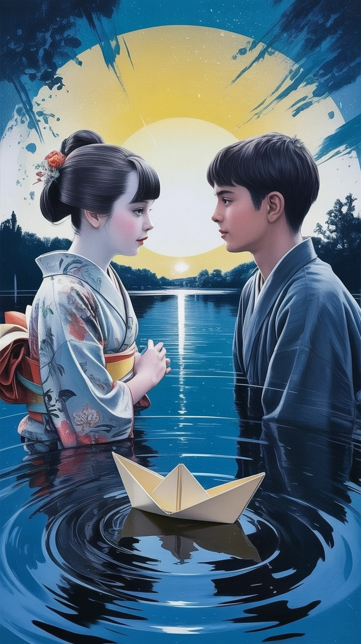 Twilight Scene of Two Children by Water with Moonlight