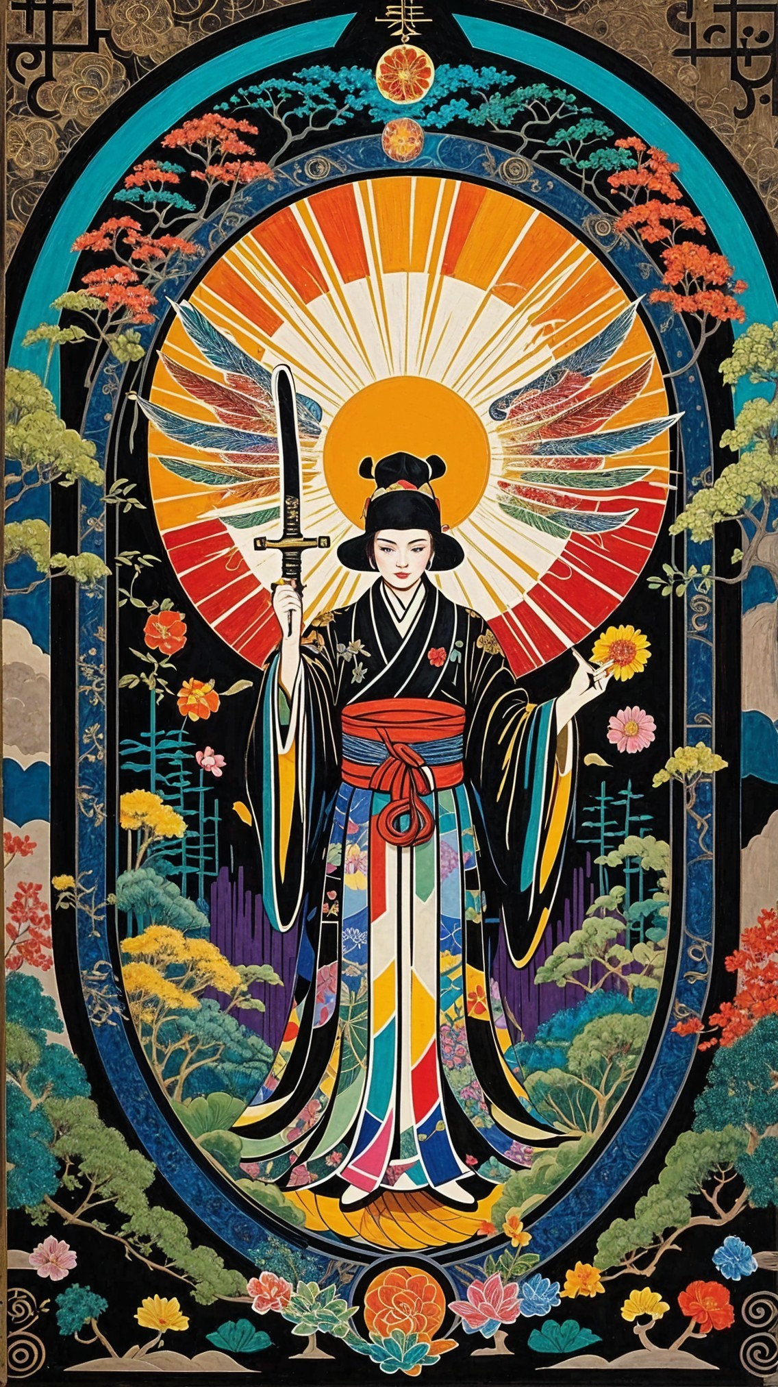 Vibrant Artwork of Woman in Kimono with Sword