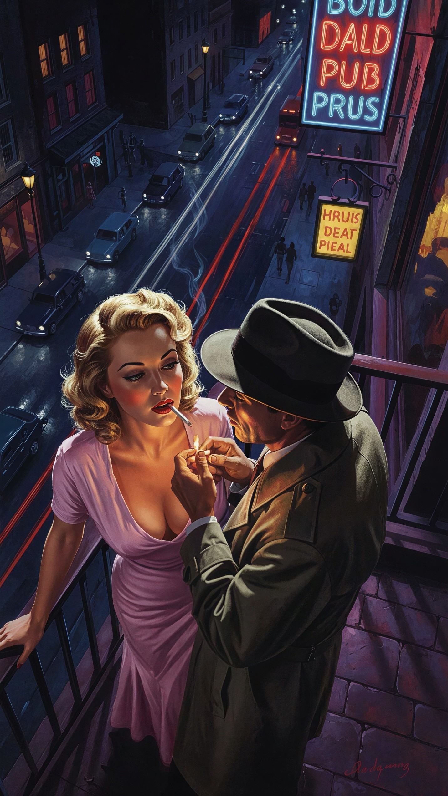 Noir Digital Painting of Woman and Man on Balcony