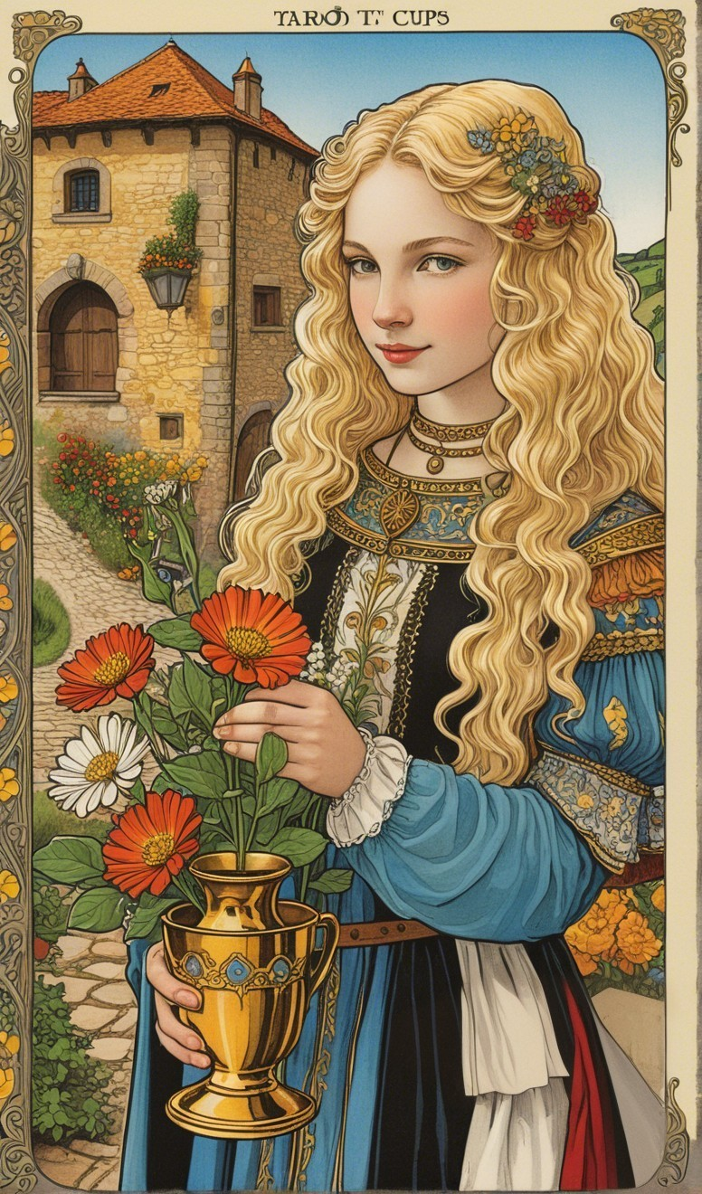 Young woman in traditional dress with flowers and cup