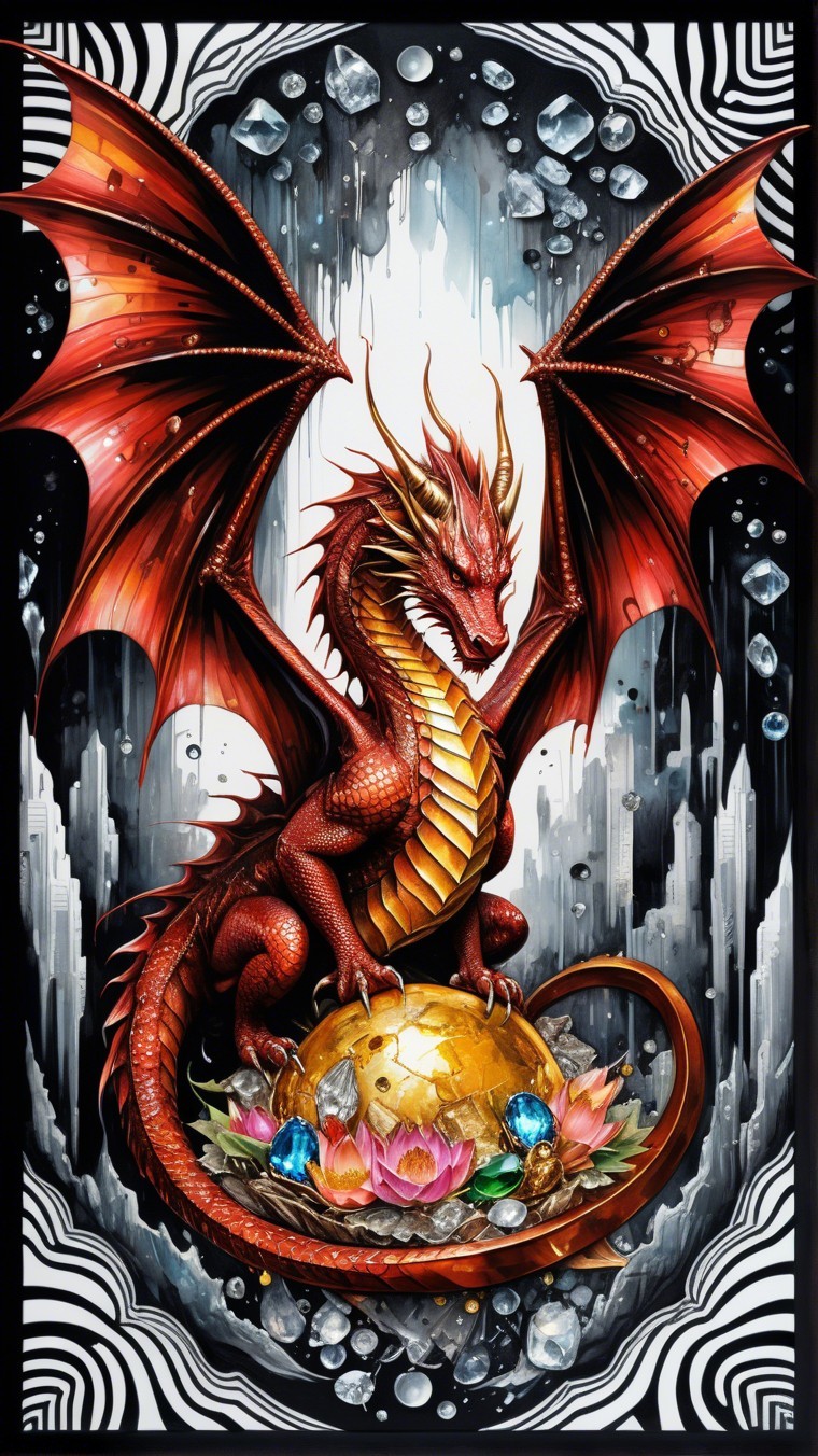 Majestic red dragon on jeweled globe with lotus flowers