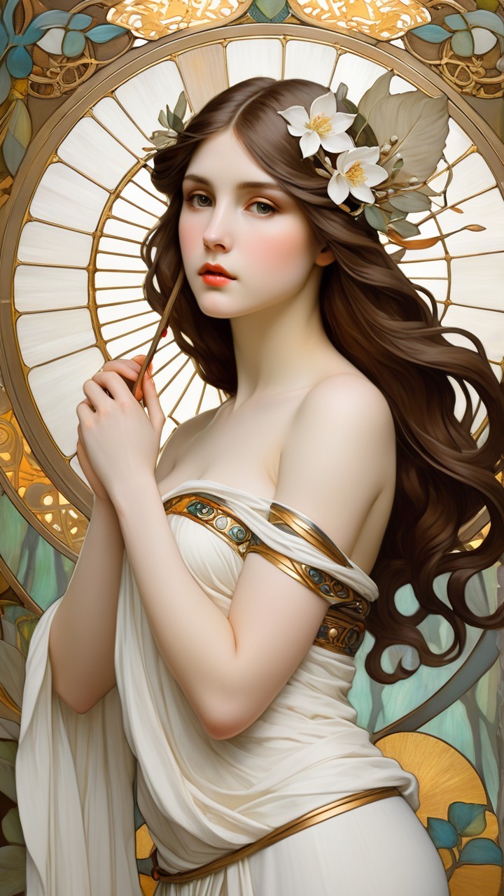 Young woman in white gown with floral headpiece