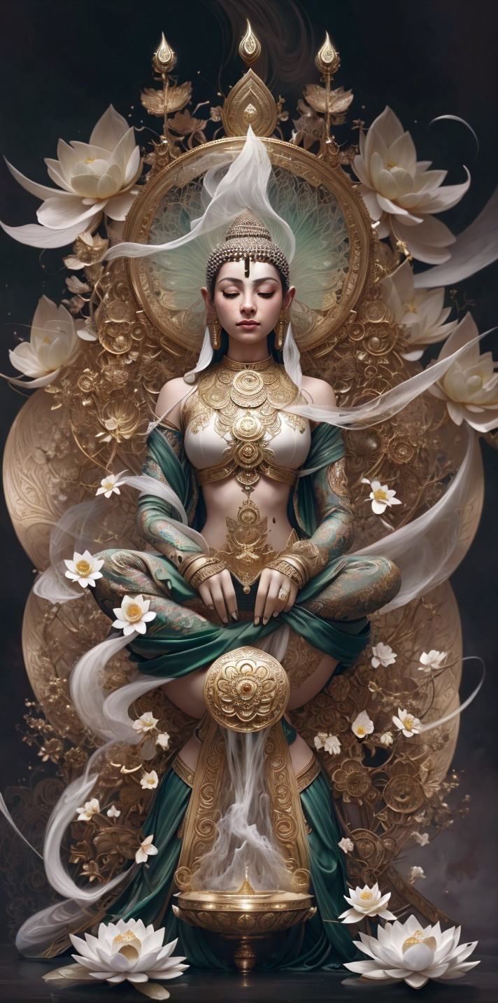 Intricate Goddess-like Figure with Gold Jewelry and Green Dress