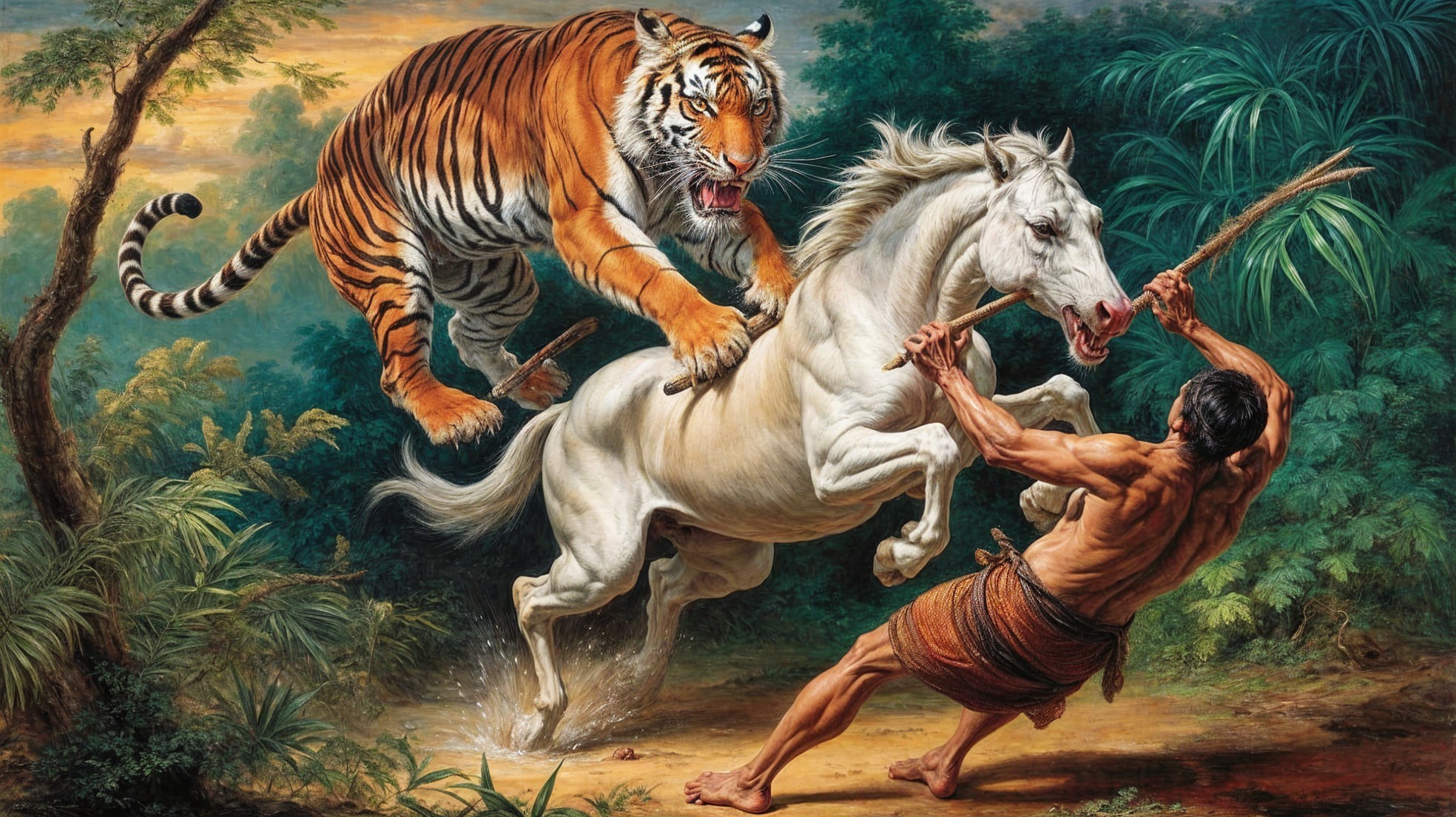 Tiger Attacks Horse in Lush Jungle Scene