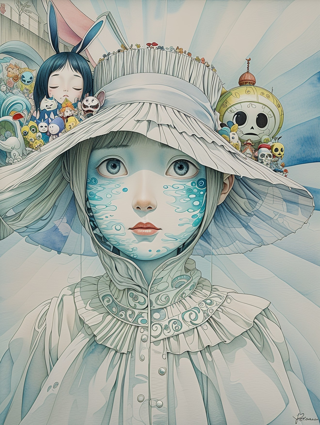 Young girl in frilled hat with whimsical characters