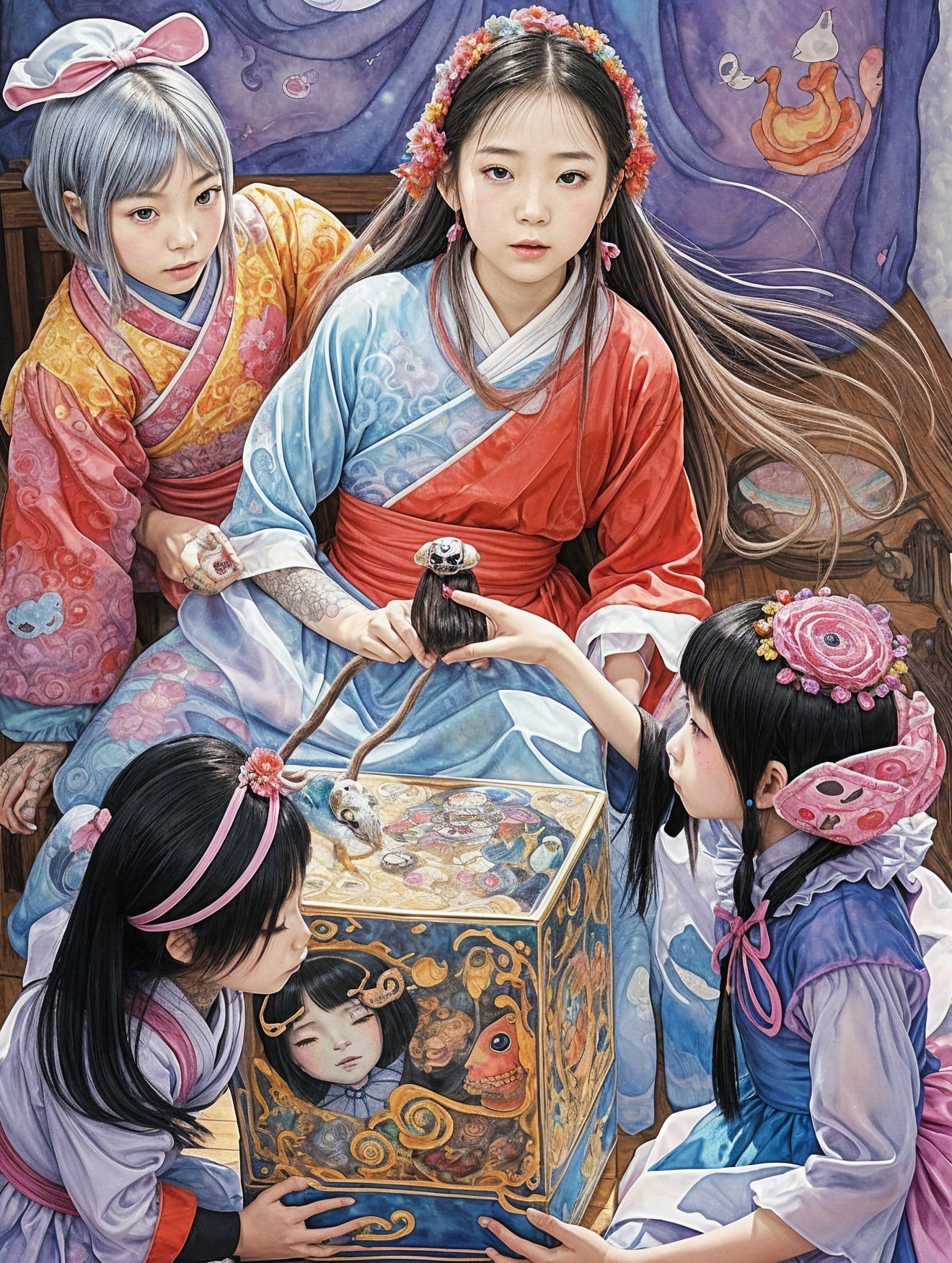 Four Girls in Colorful Kimonos Around a Painted Box