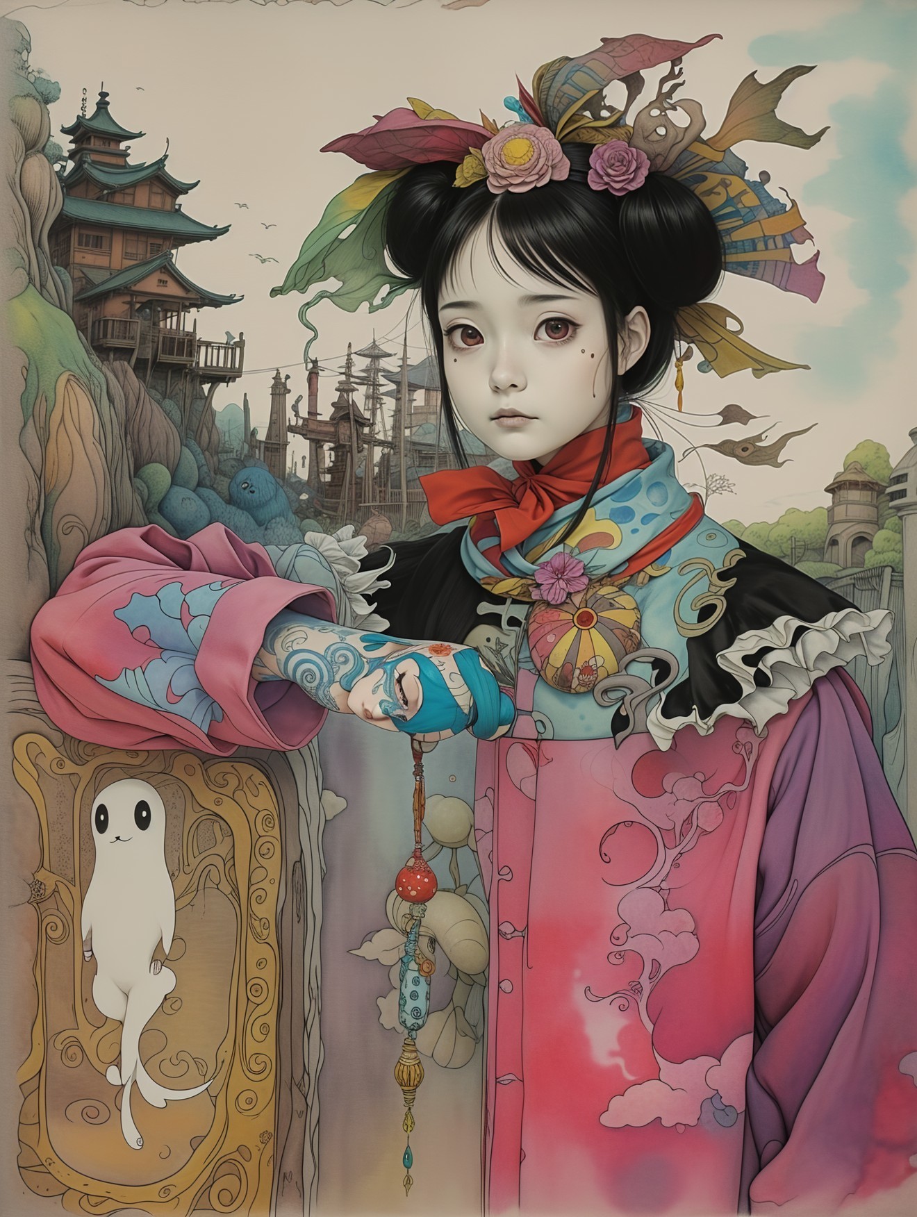 Young girl in ornate clothing with whimsical ghost figure