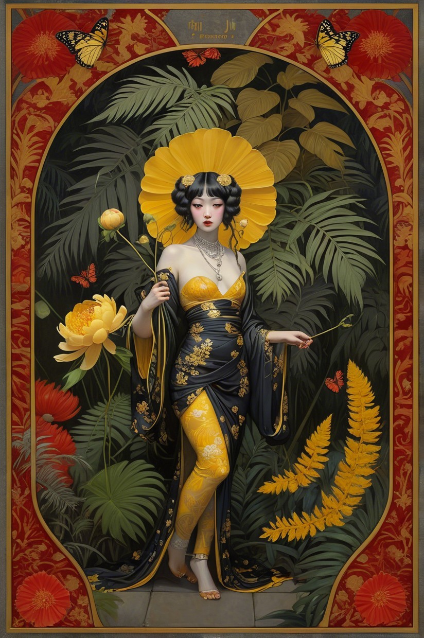 Elegant Woman in Black and Gold Gown with Flowers