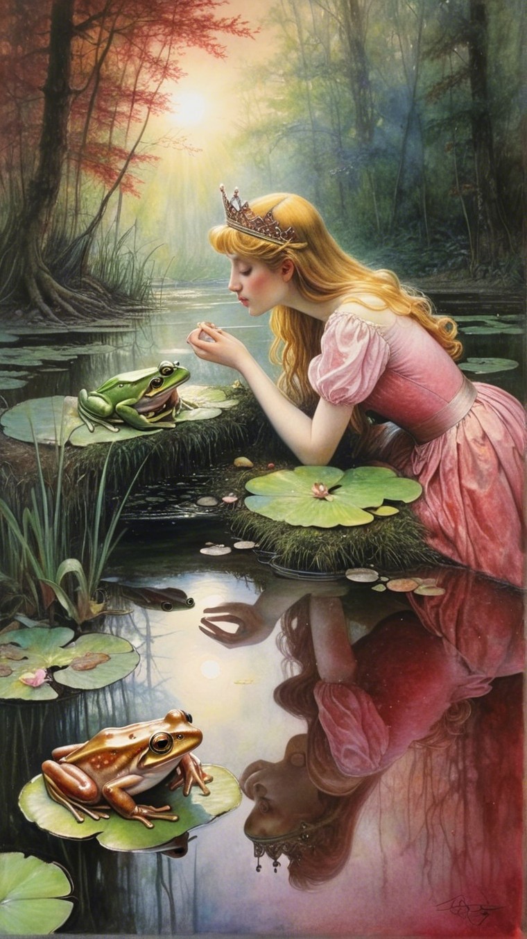 Dawn in a Serene Forest with a Girl and Frogs