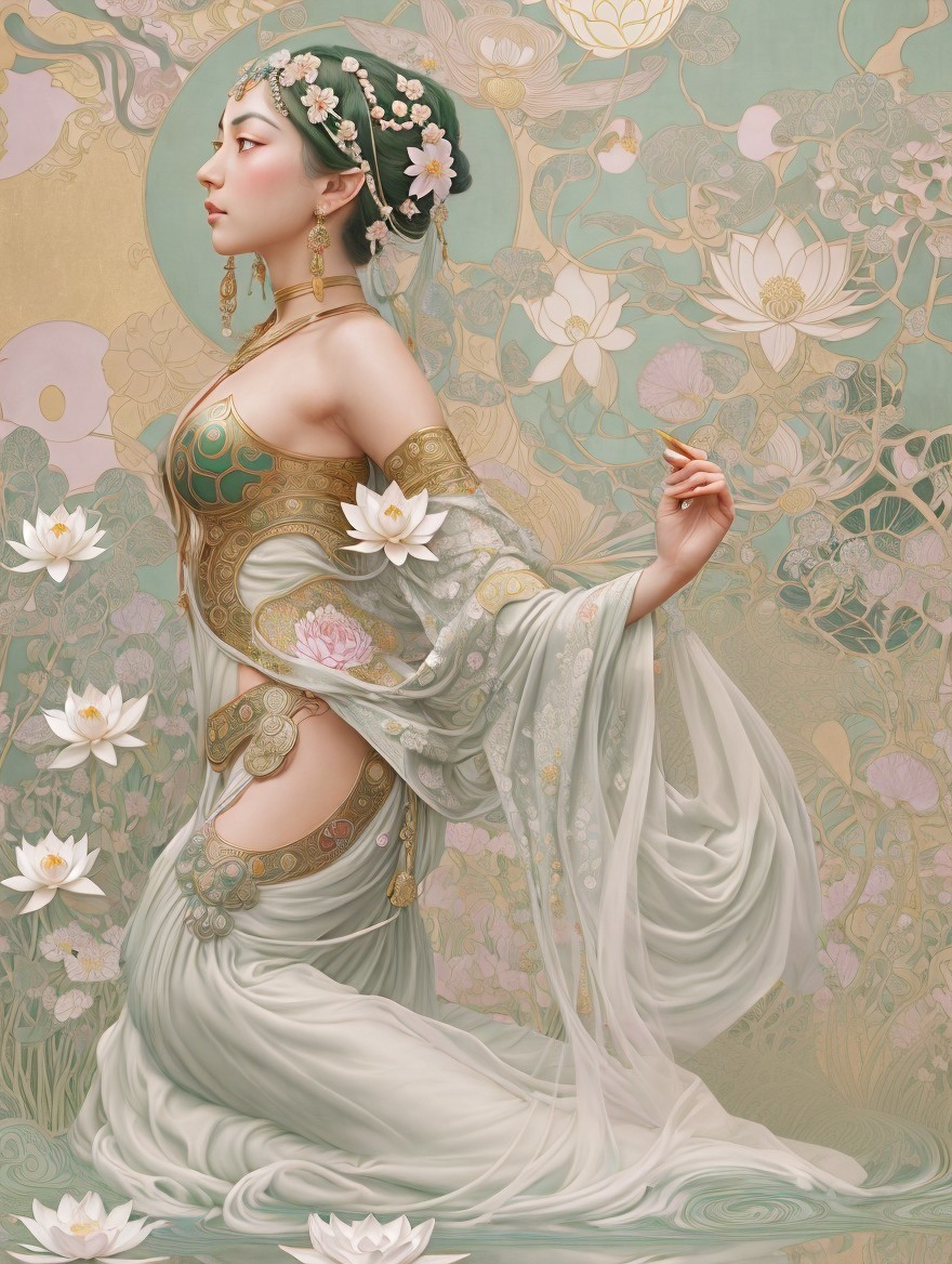 Serene Figure in Flowing Garments Against Pastel Backdrop