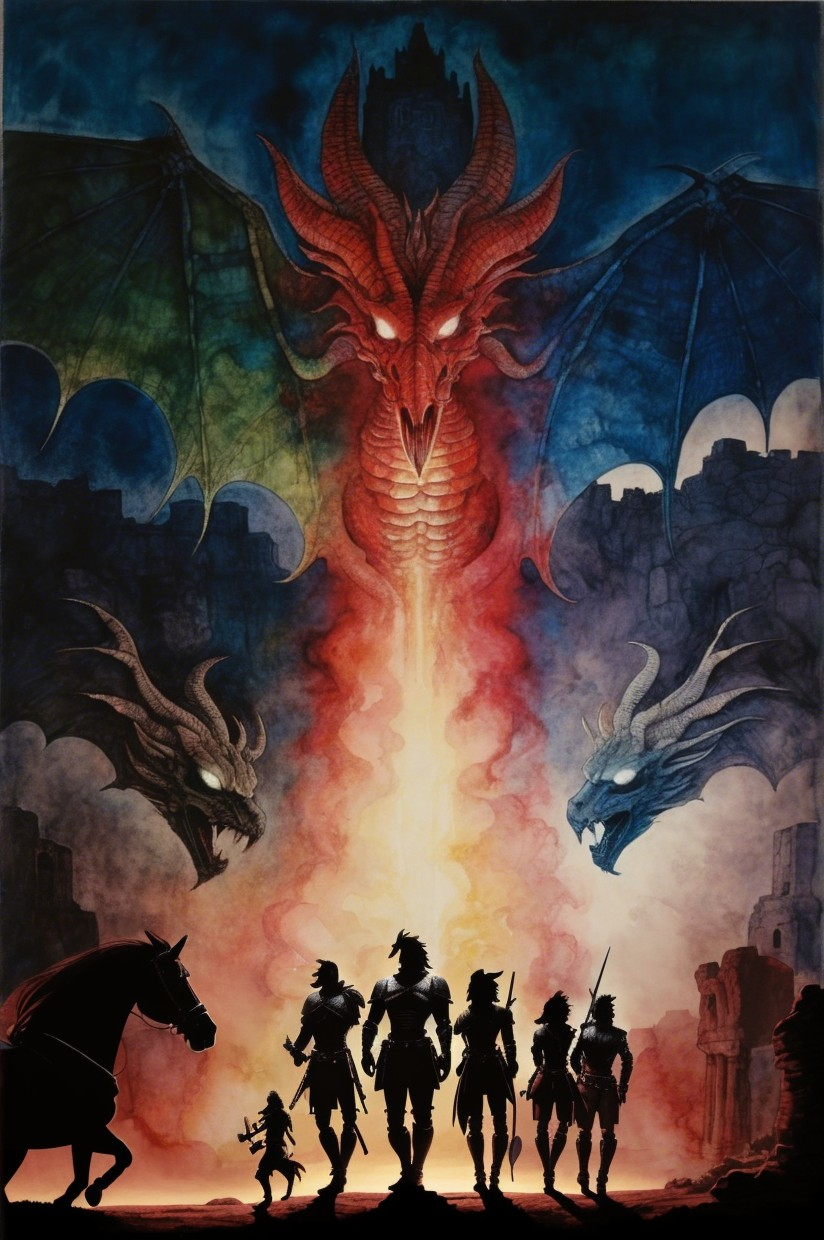 Dramatic Fantasy Scene with Heroes and Dragons