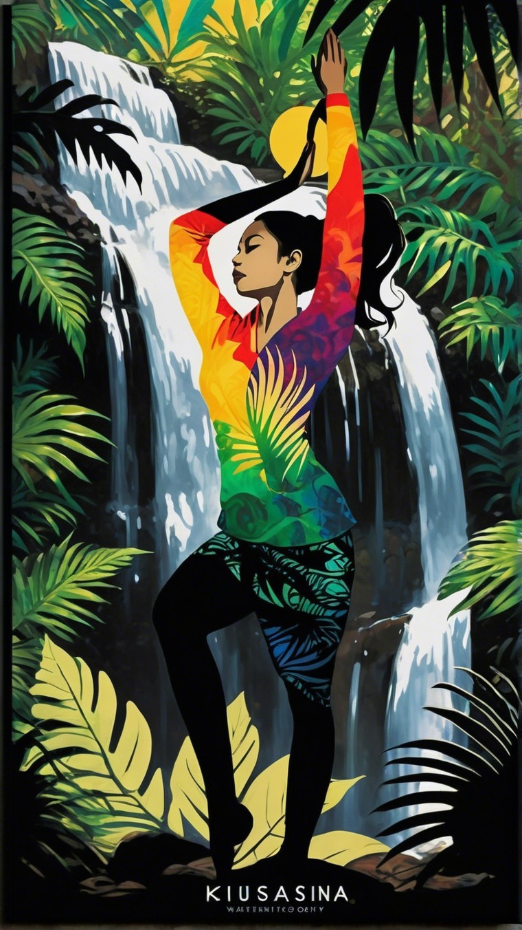 Woman in Jungle with Sun Orb and Waterfall Background