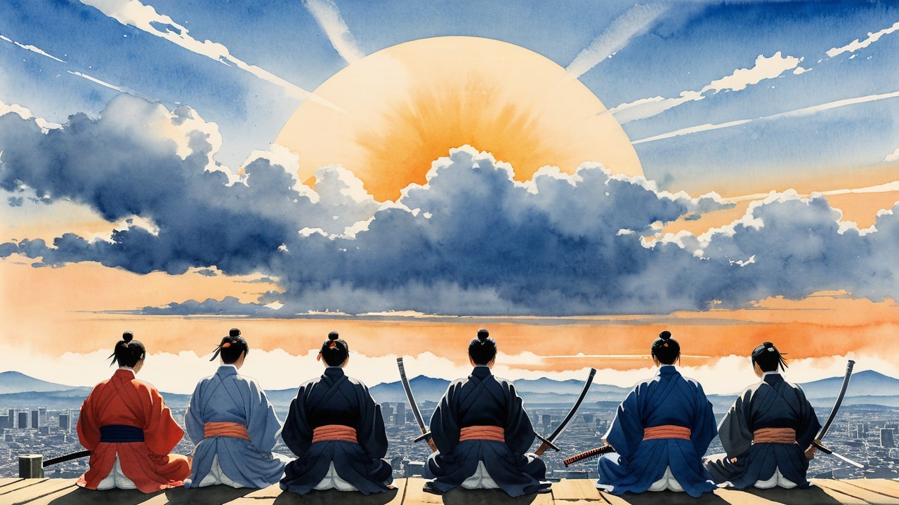 Samurai Group at Sunrise on Wooden Platform