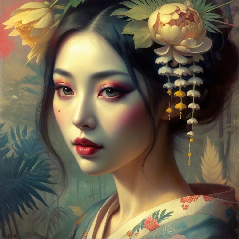 Young Woman in Kimono with Floral Hair Accessories