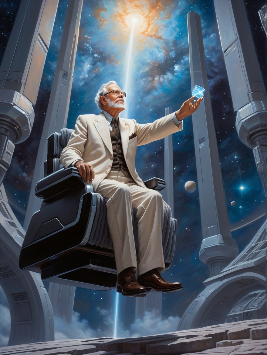 Elderly Man in White Suit with Crystal in Futuristic Setting