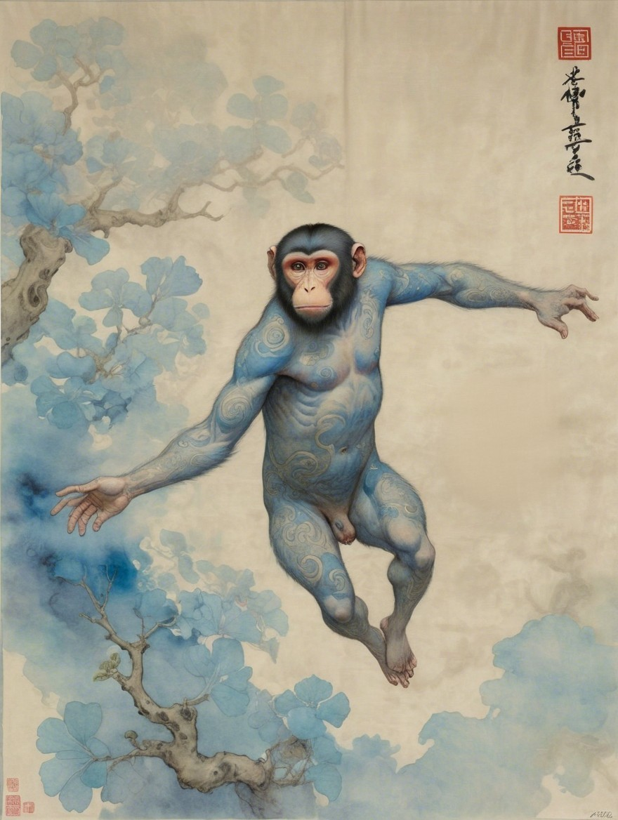 Stylized monkey with blue patterns among tree branches