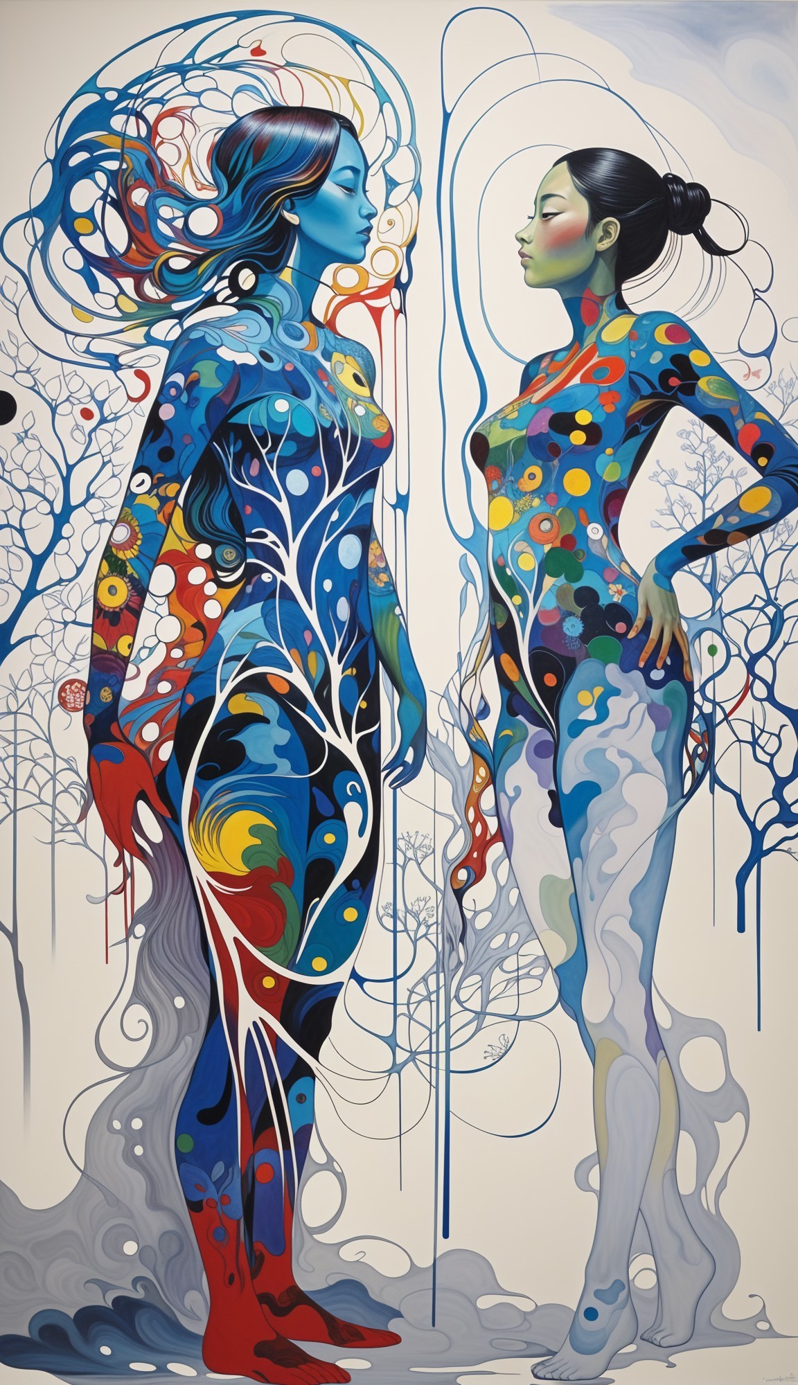 Stylized Figures with Intricate Body Paint Designs
