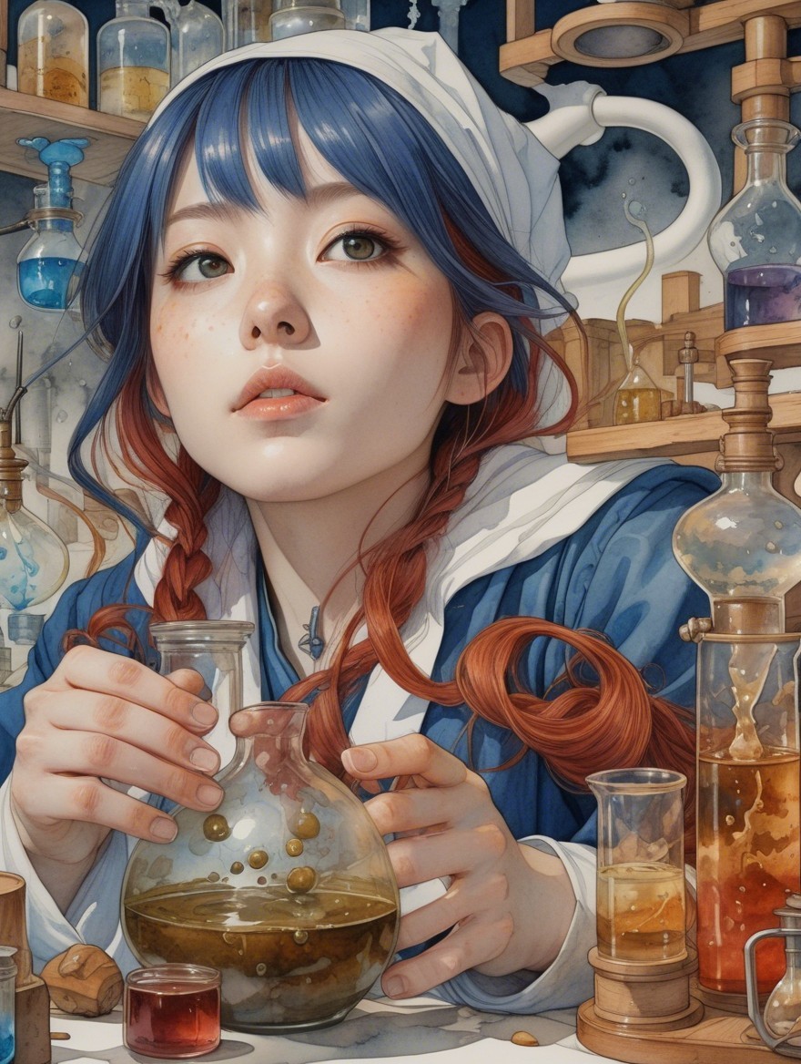 Young Woman in Colorful Laboratory with Flask