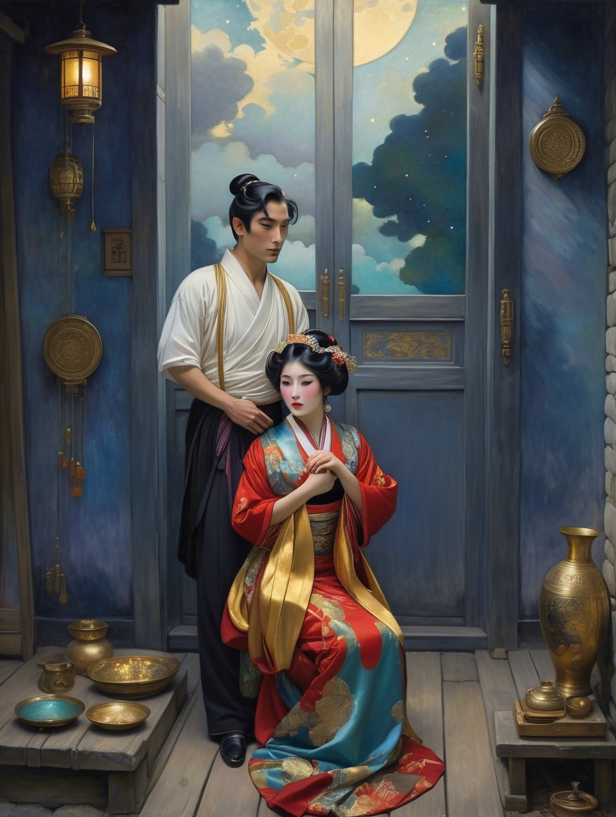 Traditional Japanese Evening Interior with Kimono Attire