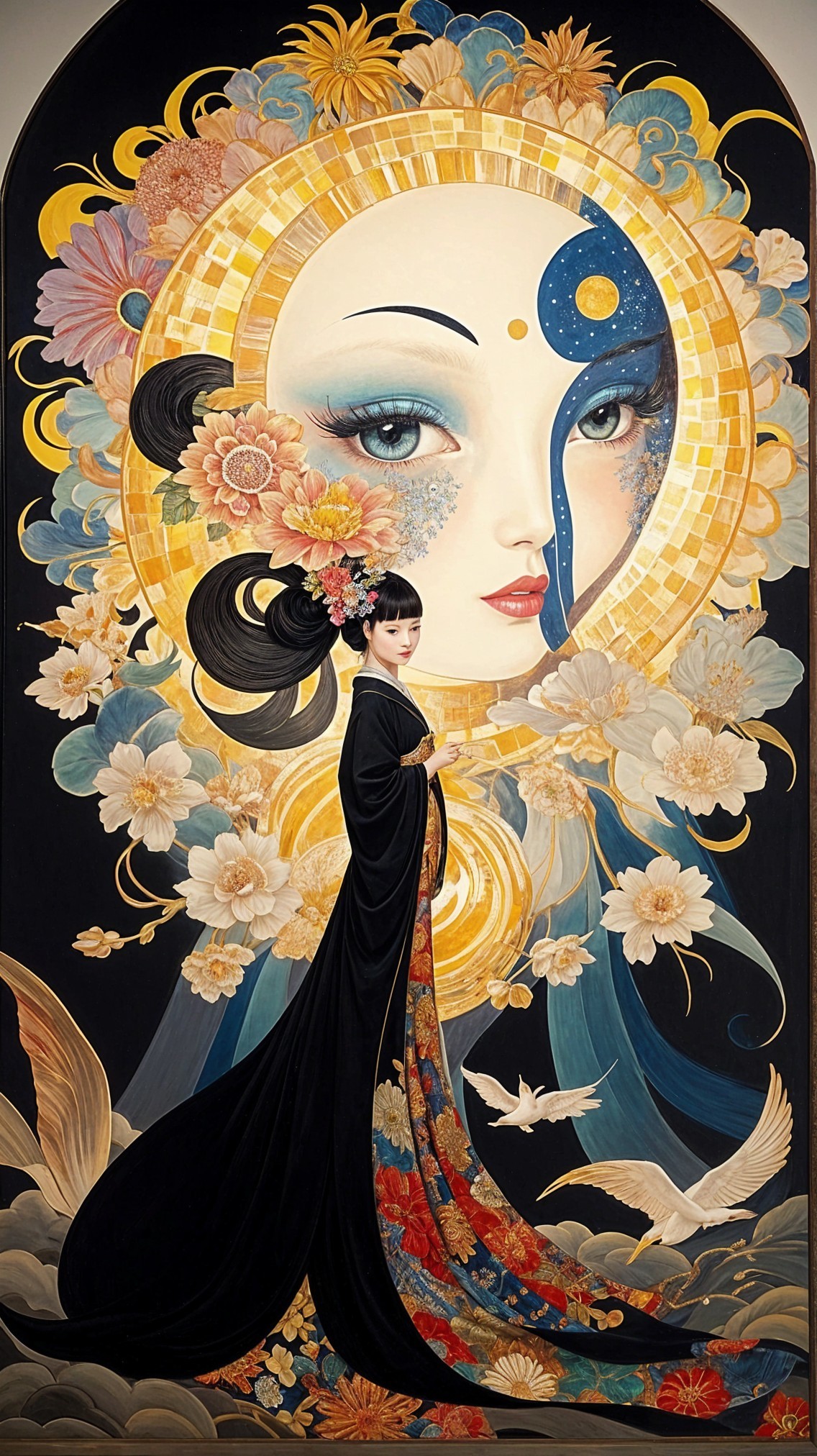 Mural of a serene figure in black kimono with radiant face