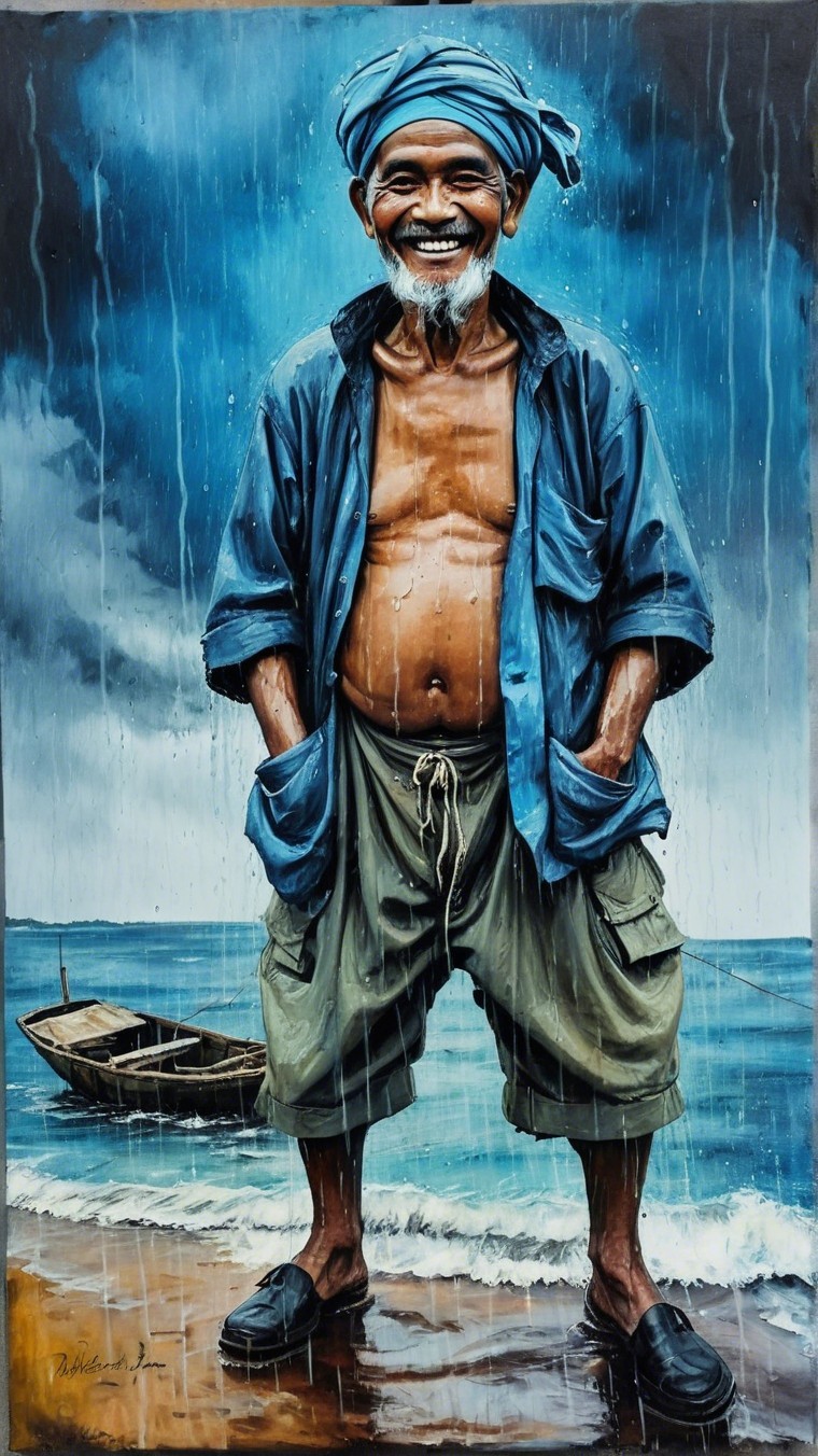 Elderly Man Smiling on Beach with Stormy Sky