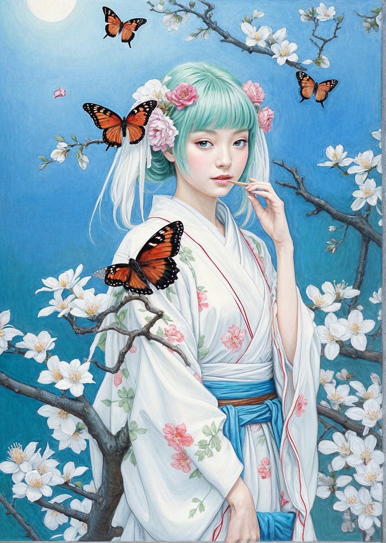 Young Woman in Kimono Among Cherry Blossoms and Butterflies