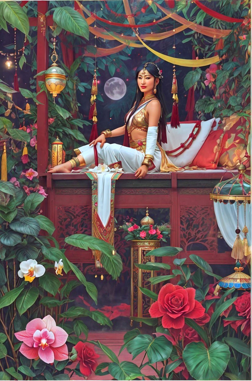 Traditional Attire Woman on Balcony with Moonlit Sky