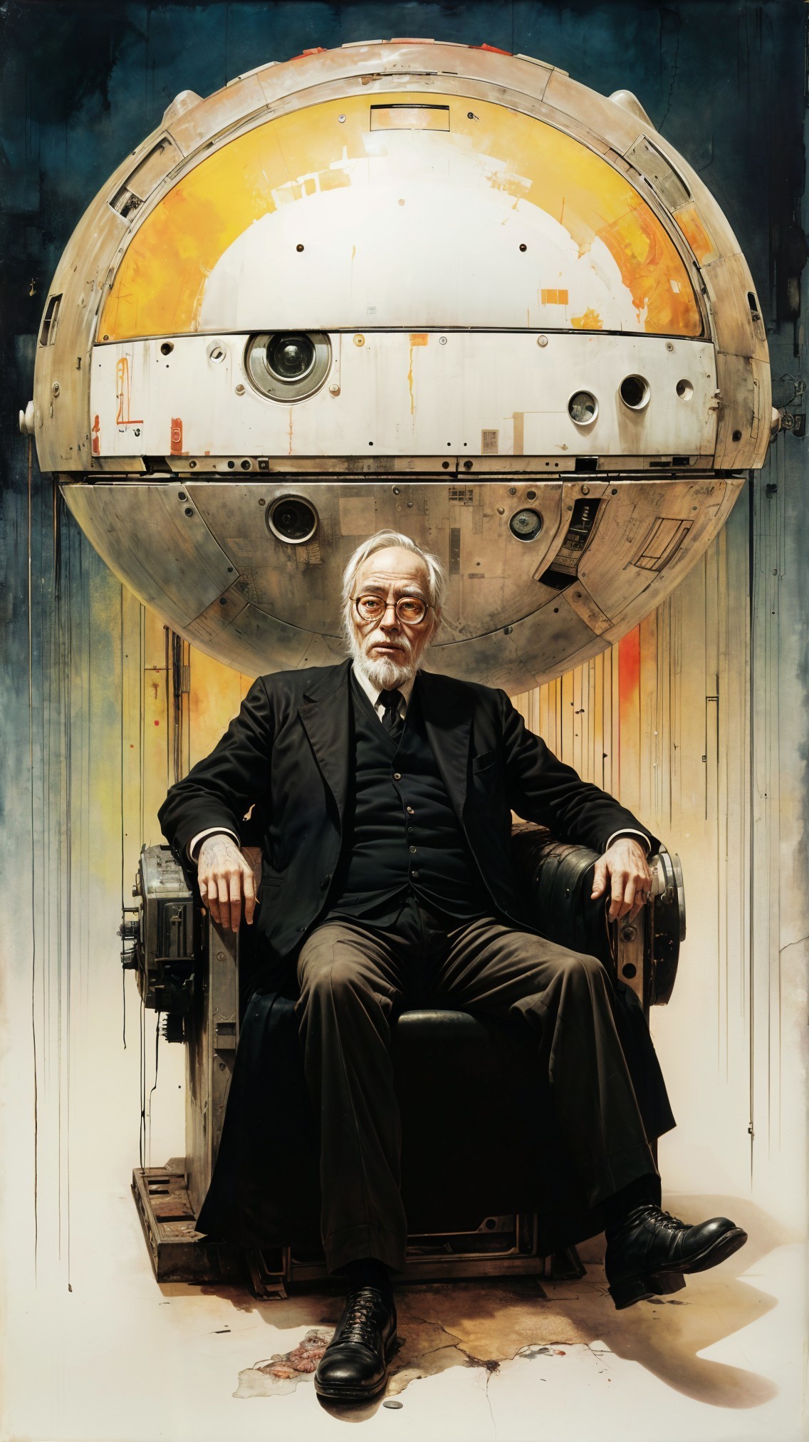 Older man in formal attire with futuristic machine backdrop
