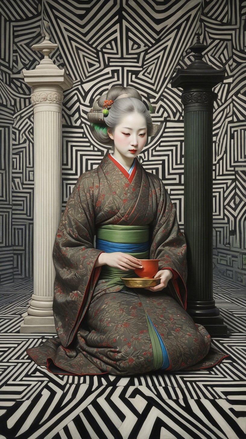 Traditional Japanese Woman in Kimono with Tea Cup