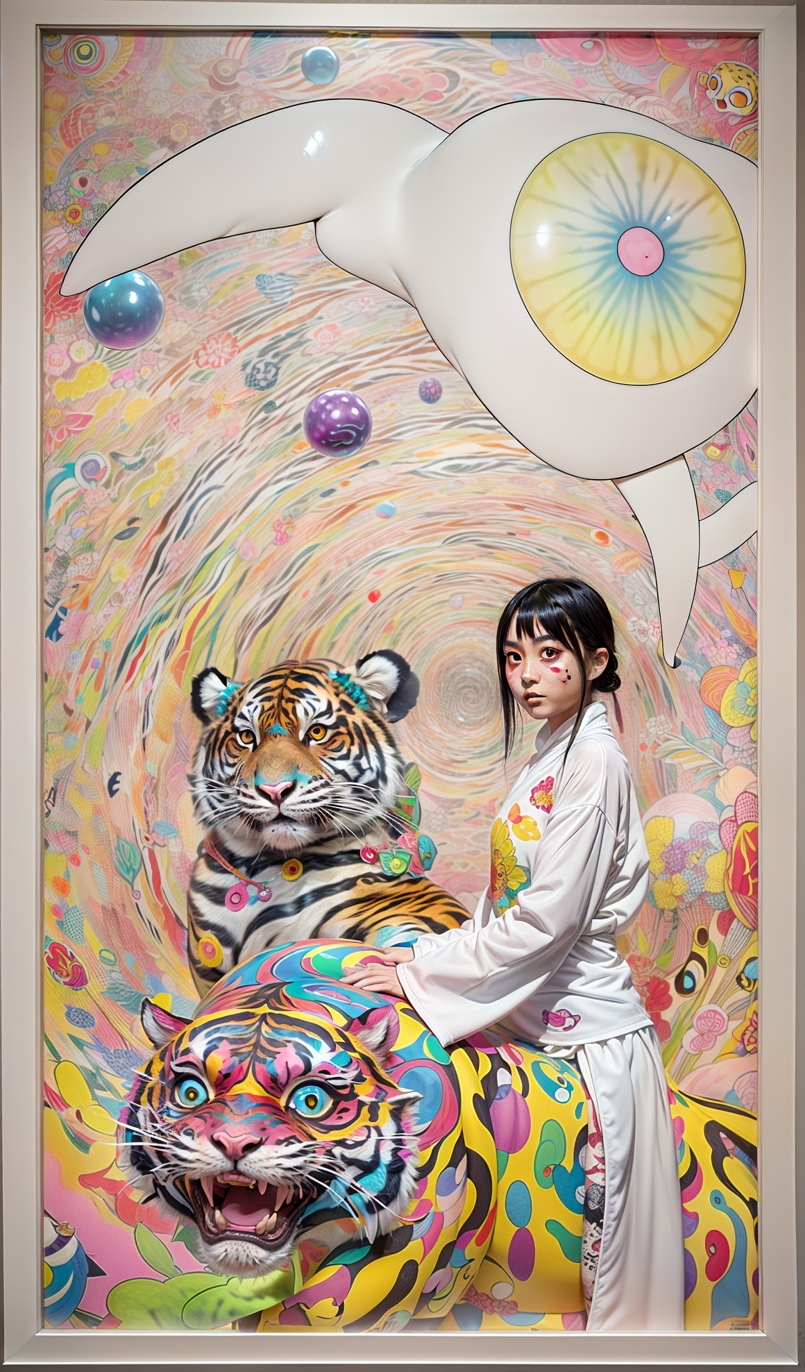 Young girl on colorful tiger in vibrant fantasy scene