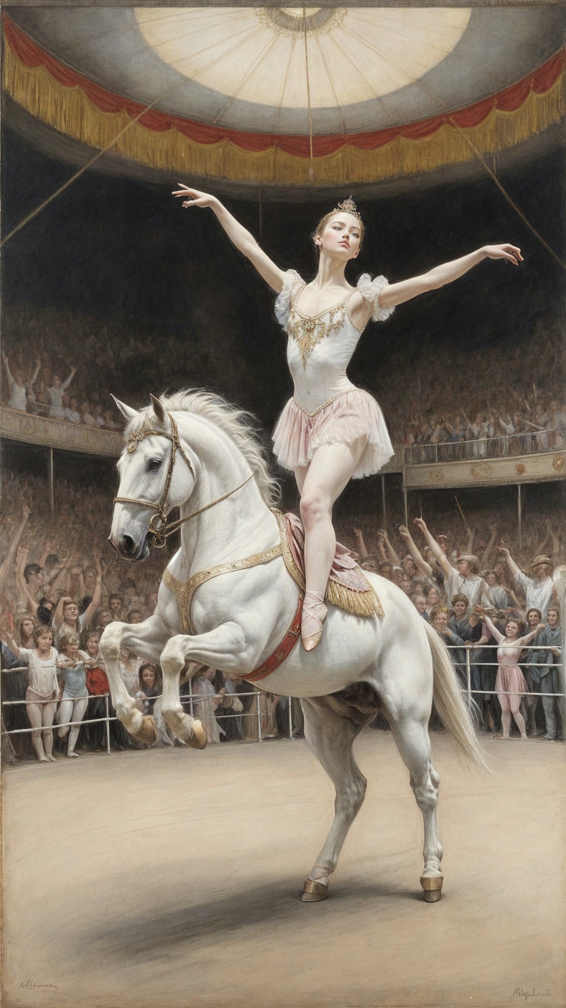Circus Performer Balancing on White Horse in Tutu