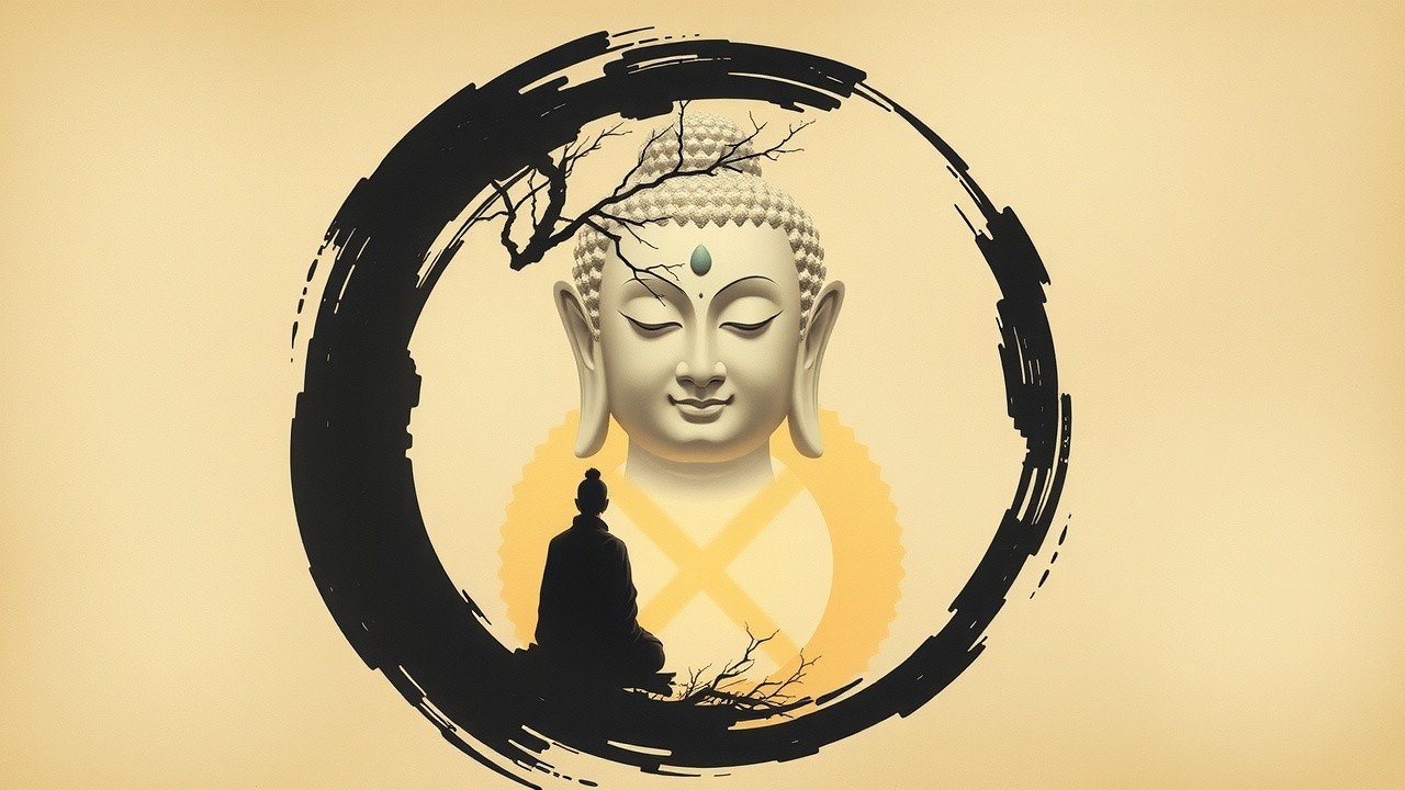 Buddha Statue Surrounded by Intricate Branches and Silhouette