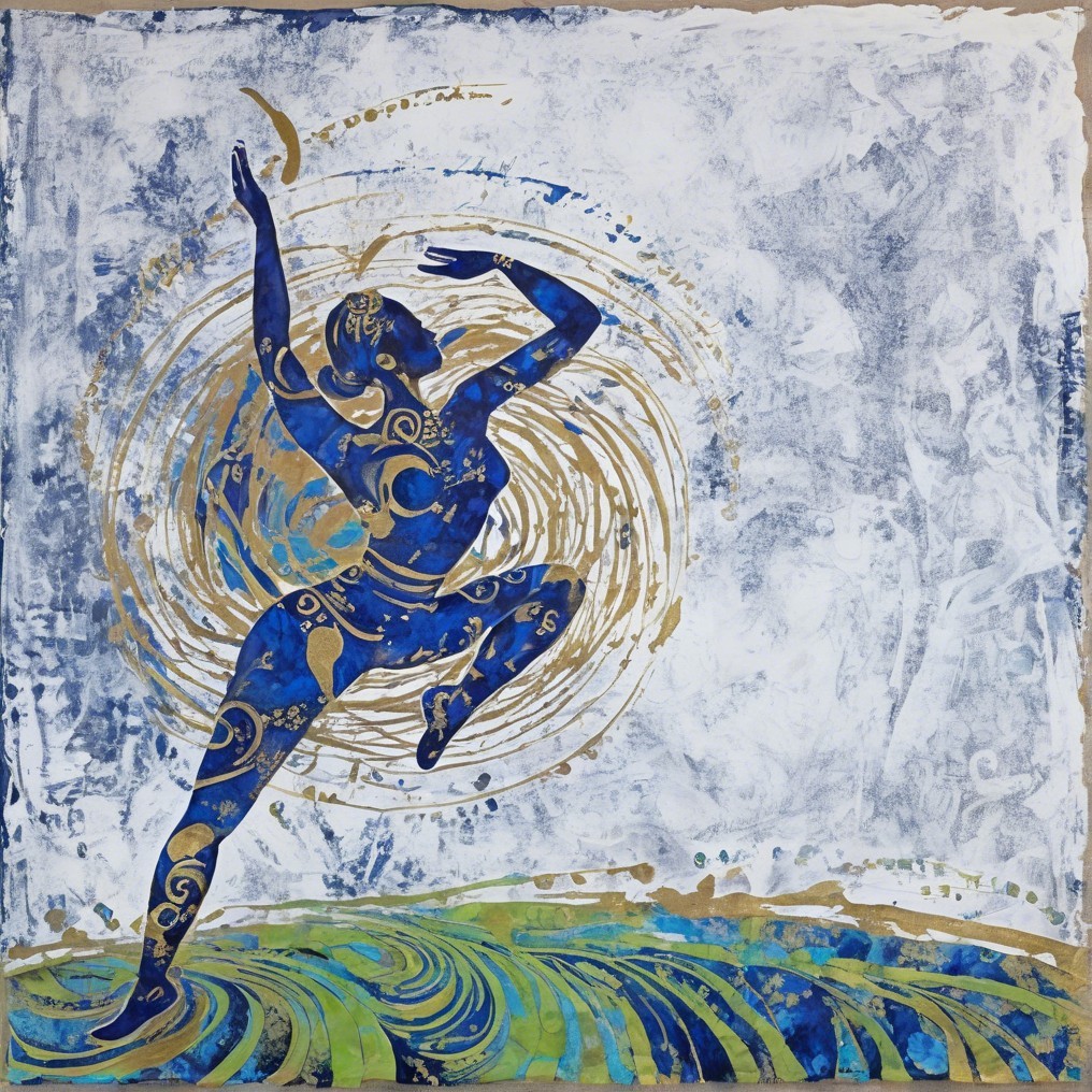 Dancer in Deep Blue with Gold Patterns and Waves