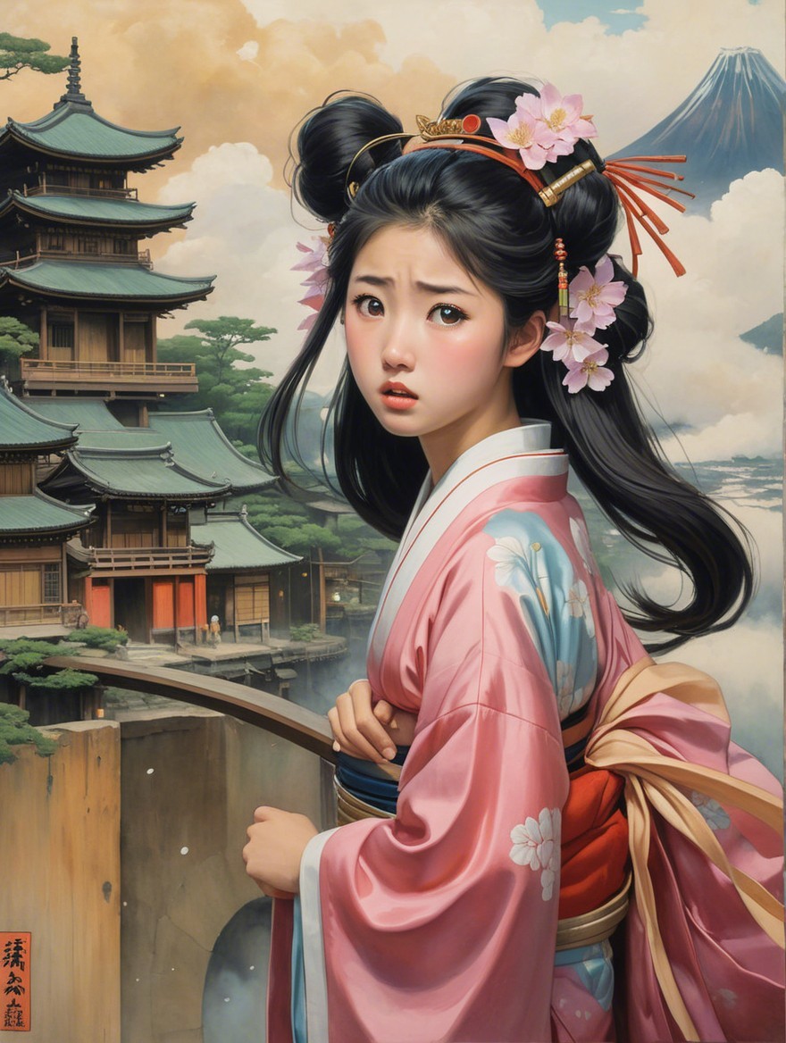 Young Woman in Kimono with Pagoda and Mount Fuji