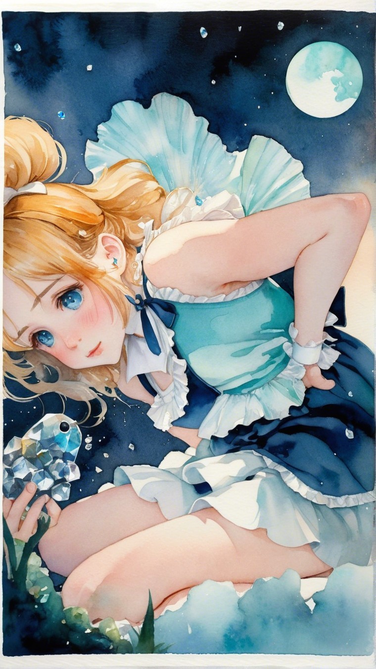 Young girl in aqua dress holds jewel-like fish at night