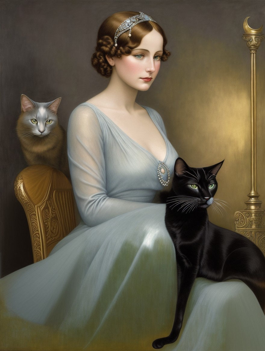 Serene Woman in Flowing Gown with Two Cats