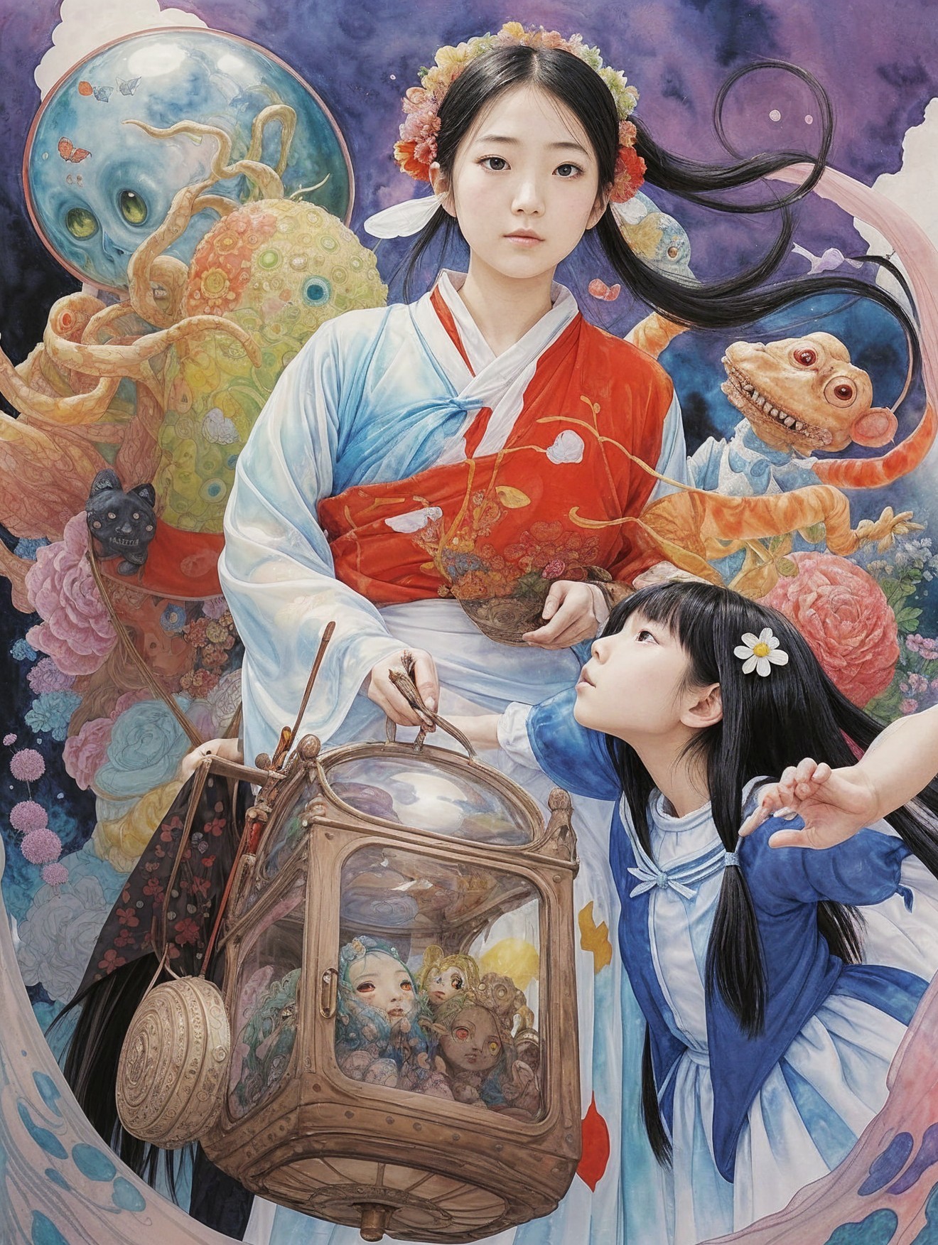 Whimsical Scene with Young Woman in Kimono and Lantern